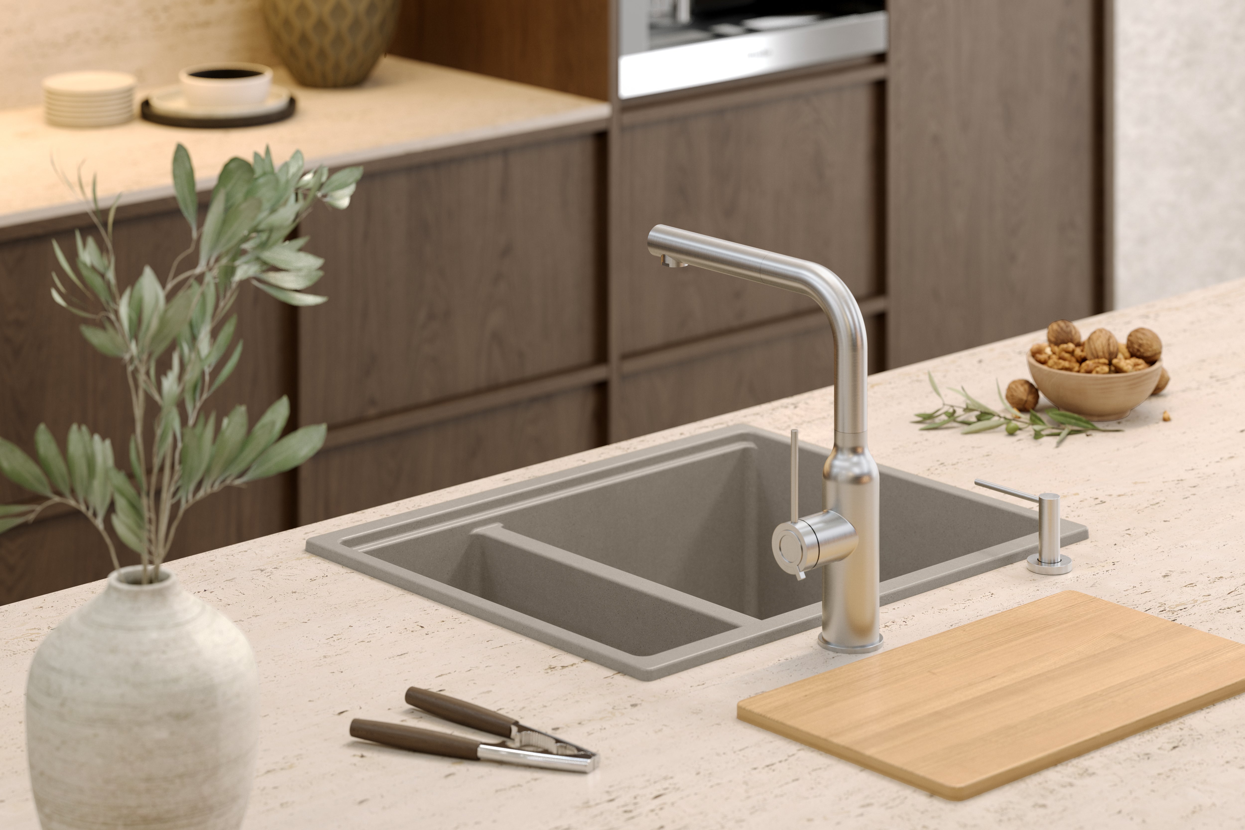 Zlewozmywak granitowy 1,5 komorowy podwieszany beżowy Quadron Logan 150 Pearl Beige HCQL5646U2