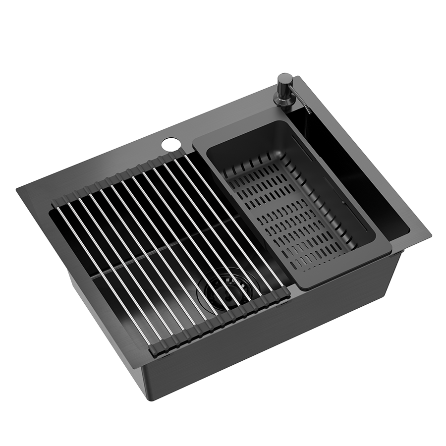 Zlewozmywak stalowy jednokomorowy czarny QUADRON LUKE 110 WORKSTATION Qmata + Wkładka + Dozownik + Deska + bateria z elastyczną wylewką black metal