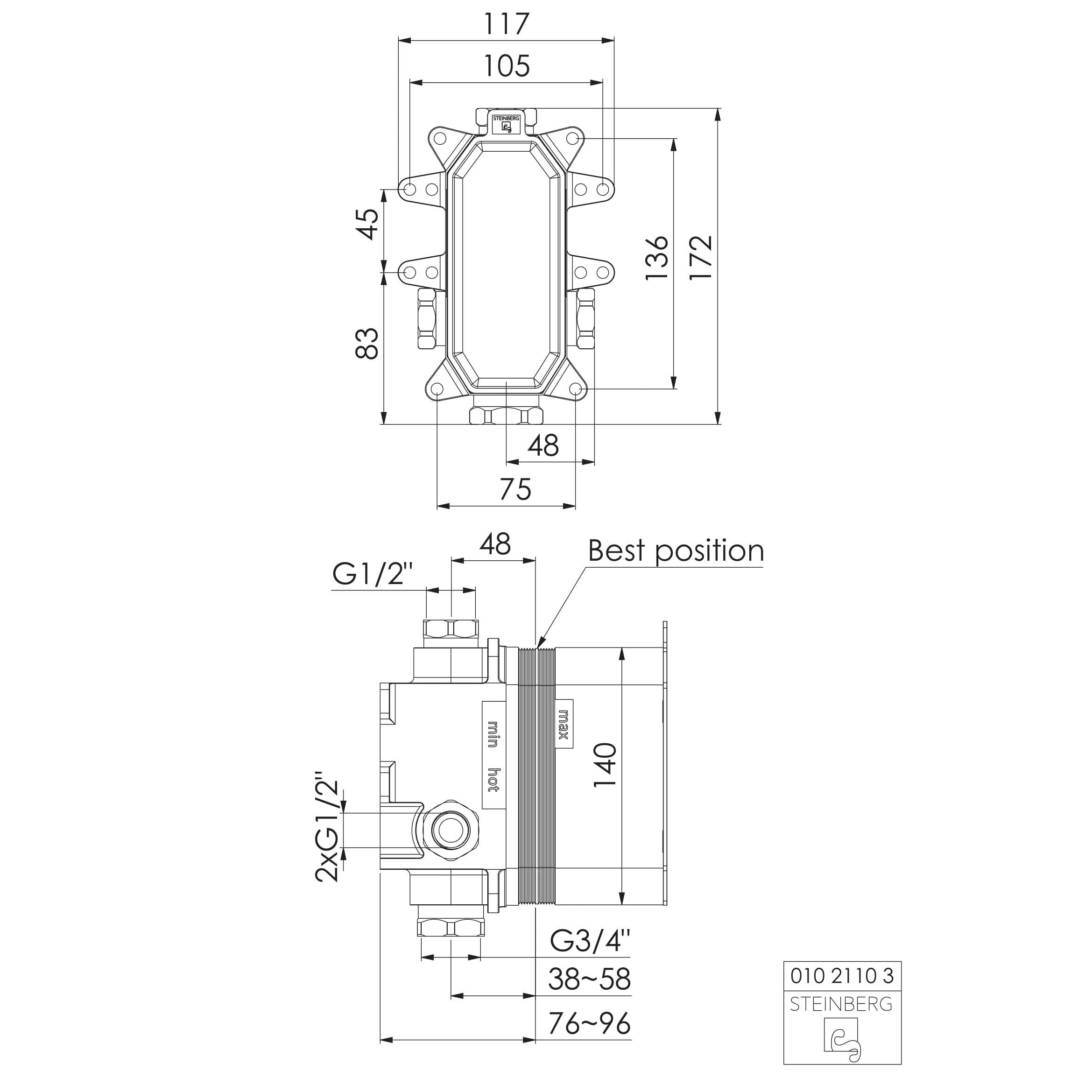 Uniwersalny element podtynkowy Steinberg 010 2110 3, do jednouchwytowych armatur wannowych/ natryskowych
