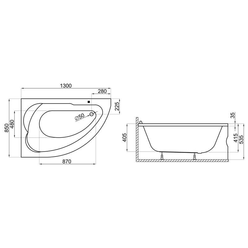 Wanna narożna asymetryczna 130x85 STANDARD Polimat