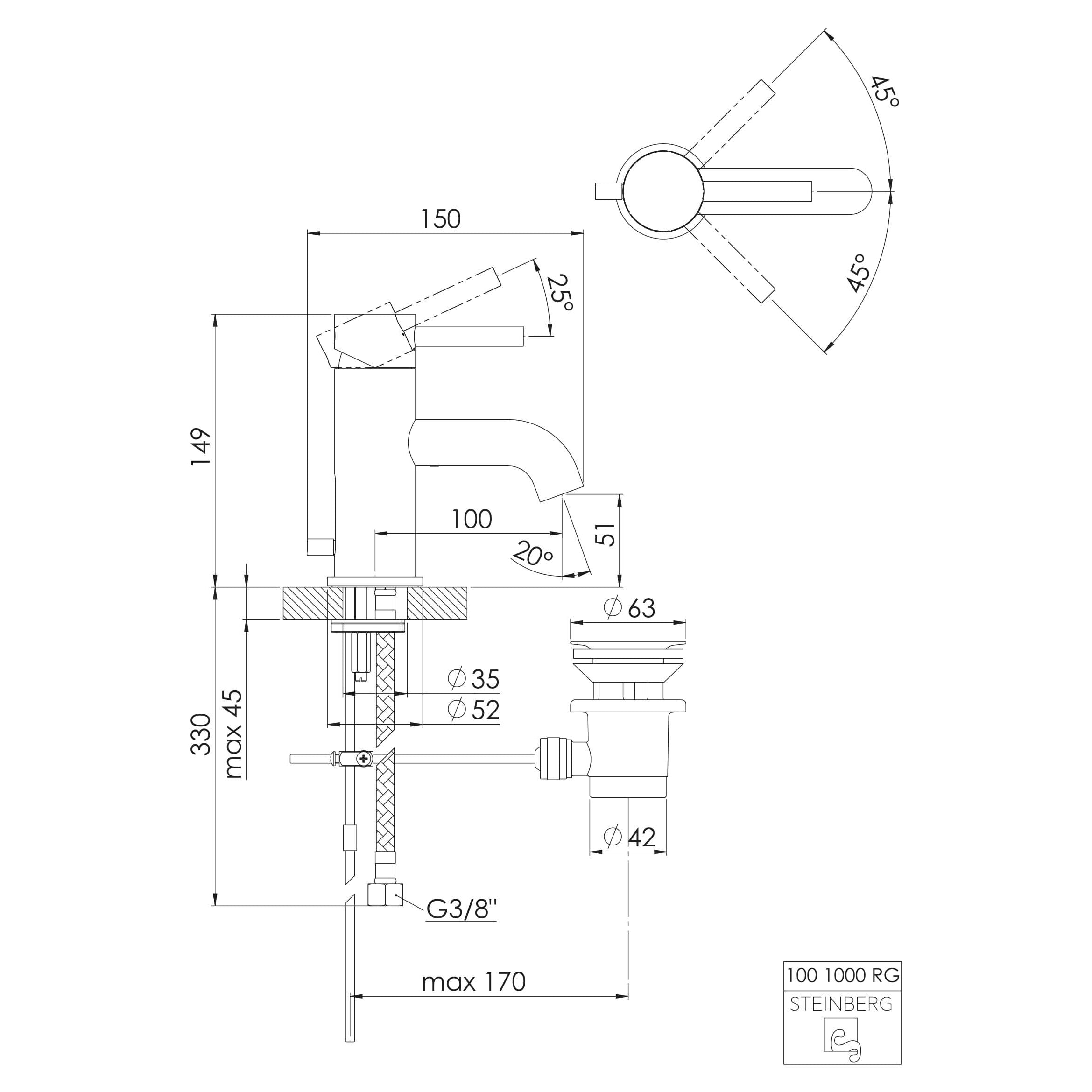 Bateria umywalkowa Steinberg Seria 100 1000 / 1010, z opcją korka