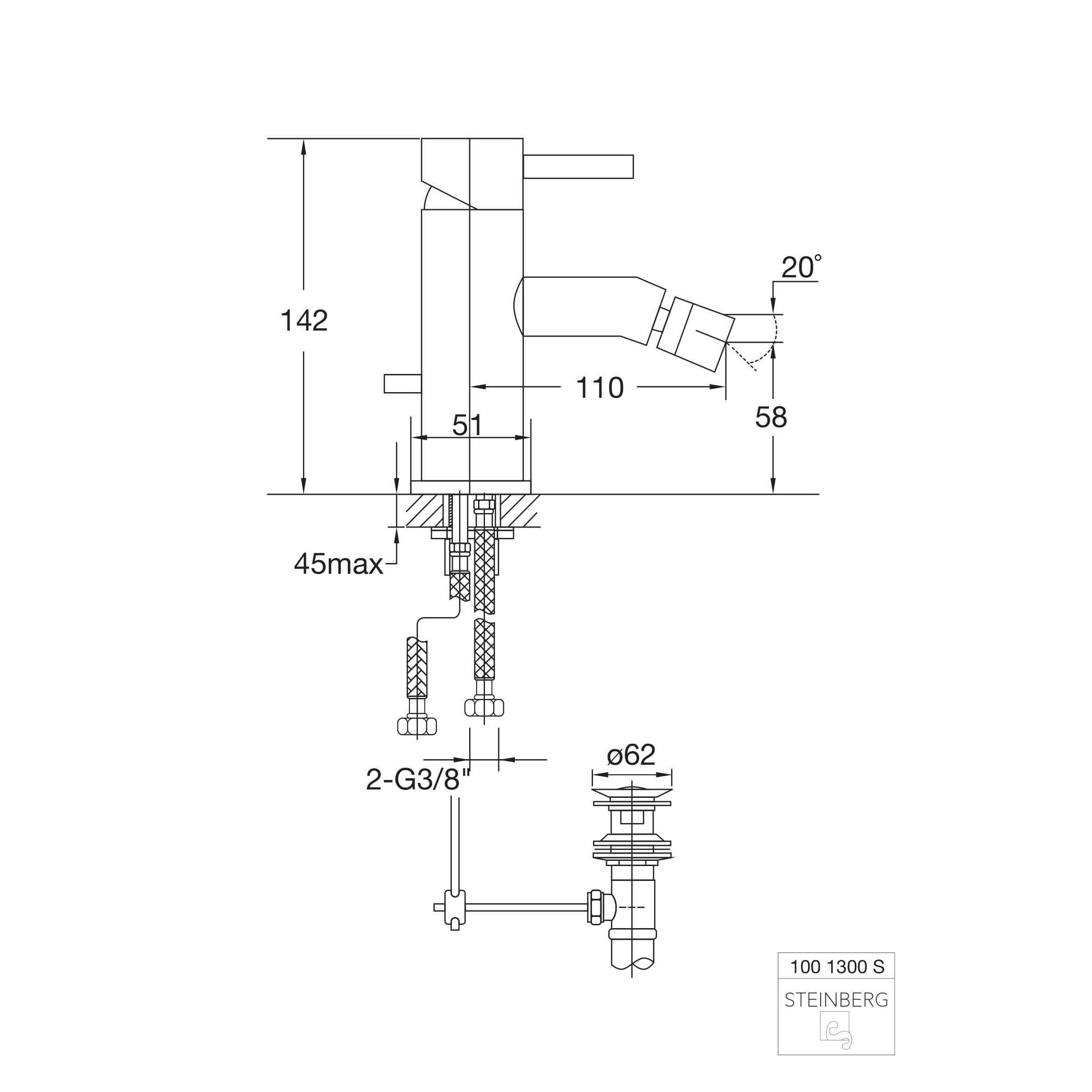 Bateria bidetowa Steinberg Seria 100 1300, z korkiem
