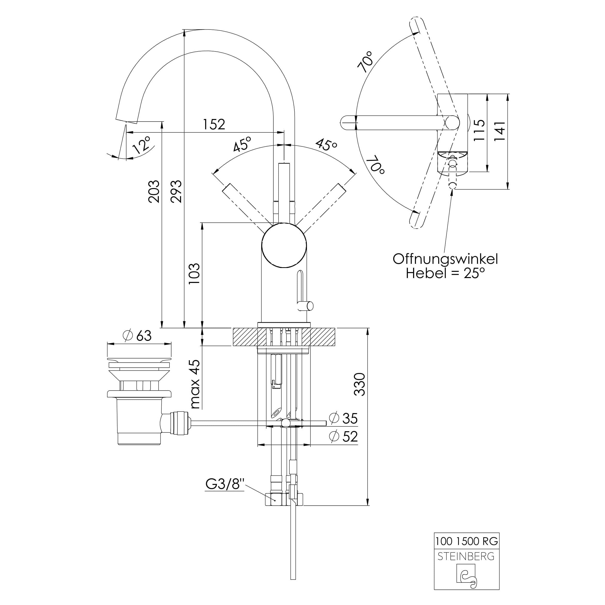Bateria umywalkowa Steinberg Seria 100 1500 / 1510, z opcją korka
