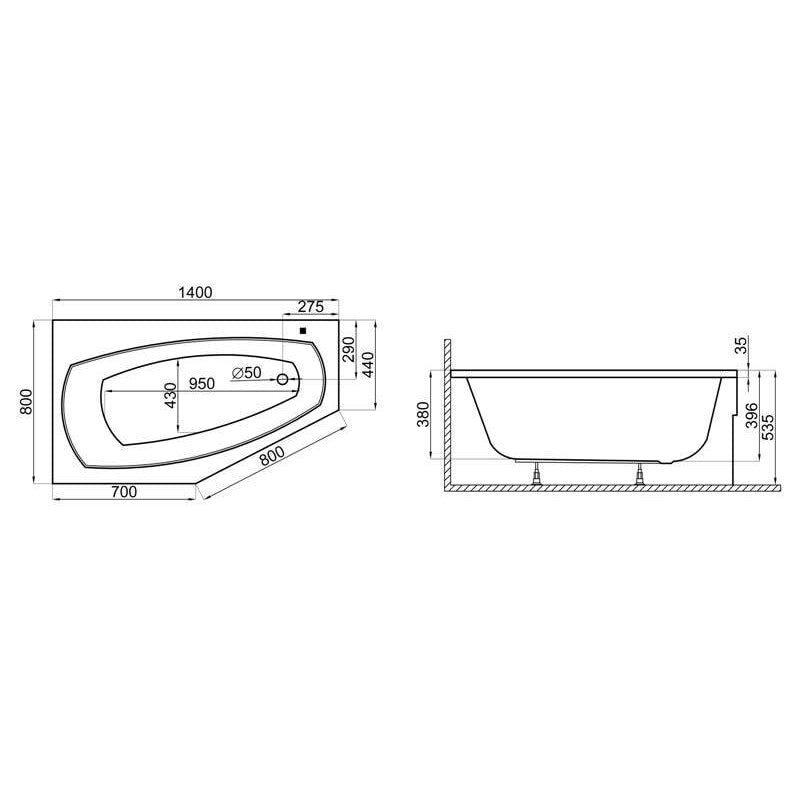 Wanna narożna asymetryczna 140x80 MARIKA Polimat