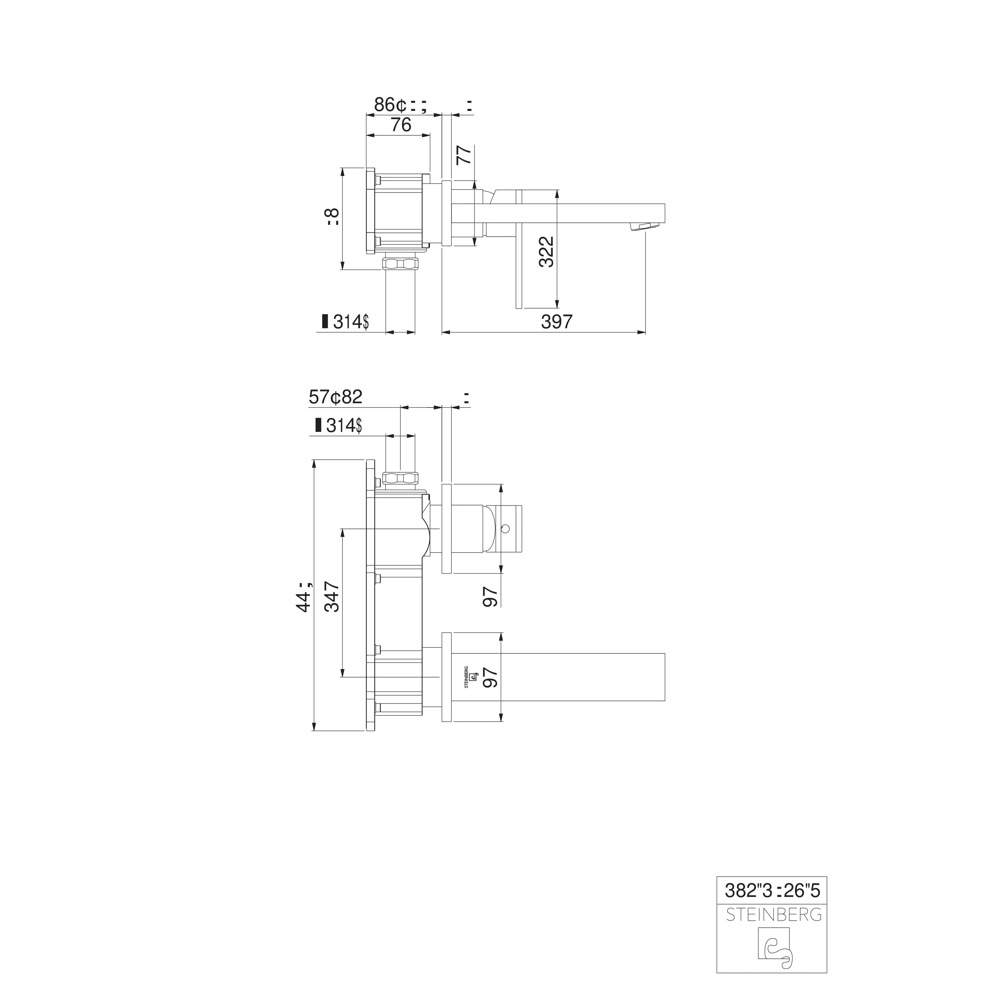 Bateria umywalkowa ścienna Steinberg Seria 160 1804 3 / 1814 3 / 1824 3, wylewka 175 / 200 / 250 mm