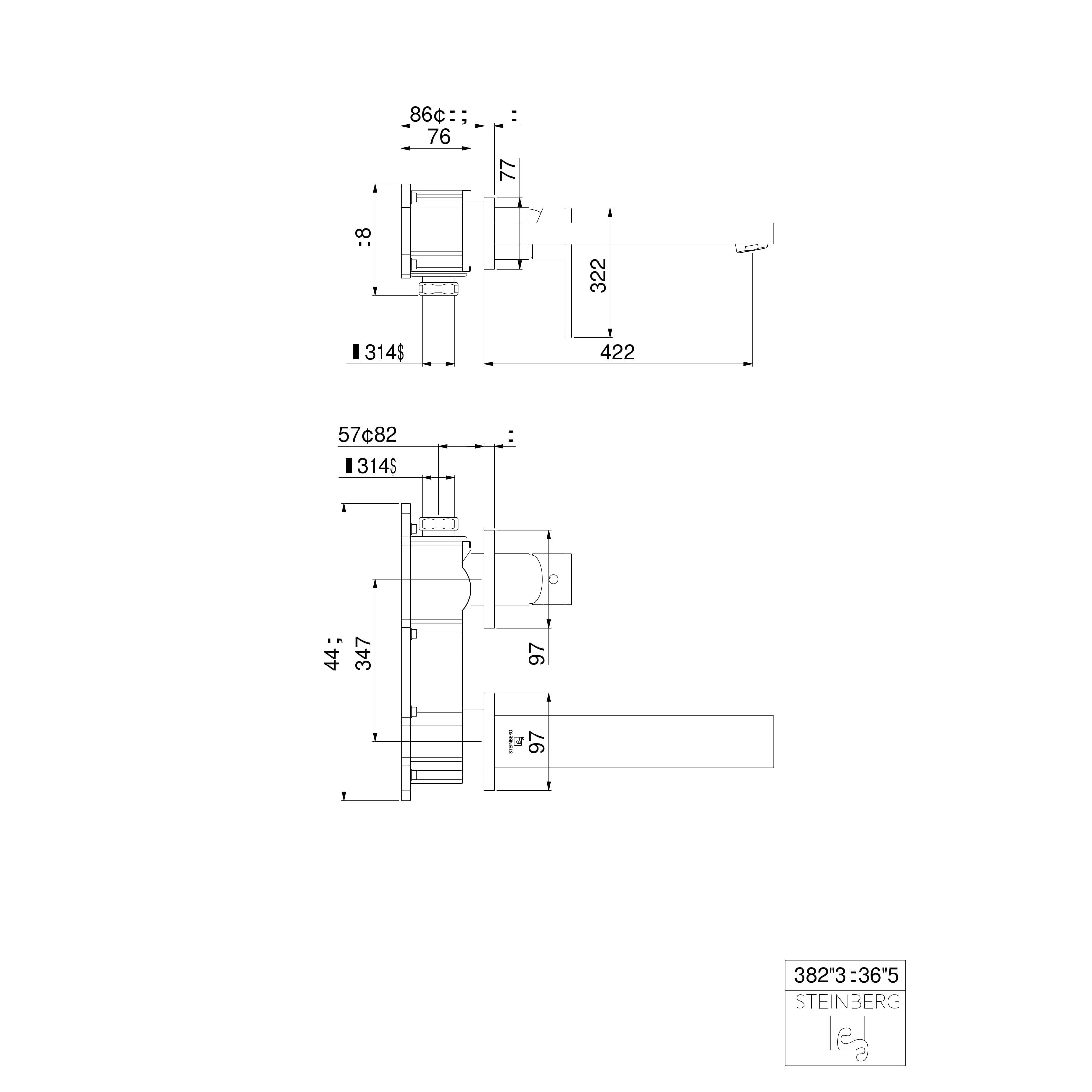Bateria umywalkowa ścienna Steinberg Seria 160 1804 3 / 1814 3 / 1824 3, wylewka 175 / 200 / 250 mm