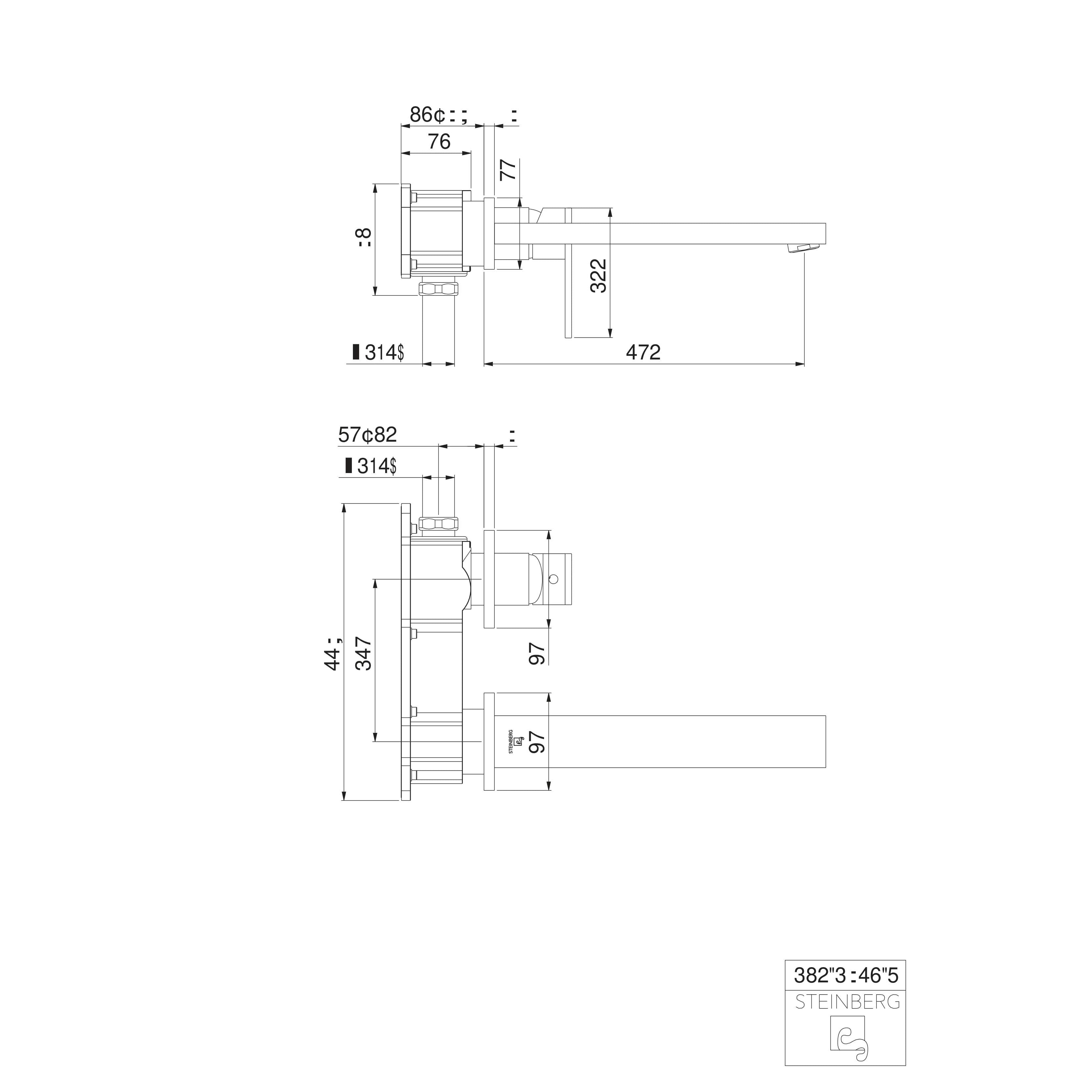 Bateria umywalkowa ścienna Steinberg Seria 160 1804 3 / 1814 3 / 1824 3, wylewka 175 / 200 / 250 mm