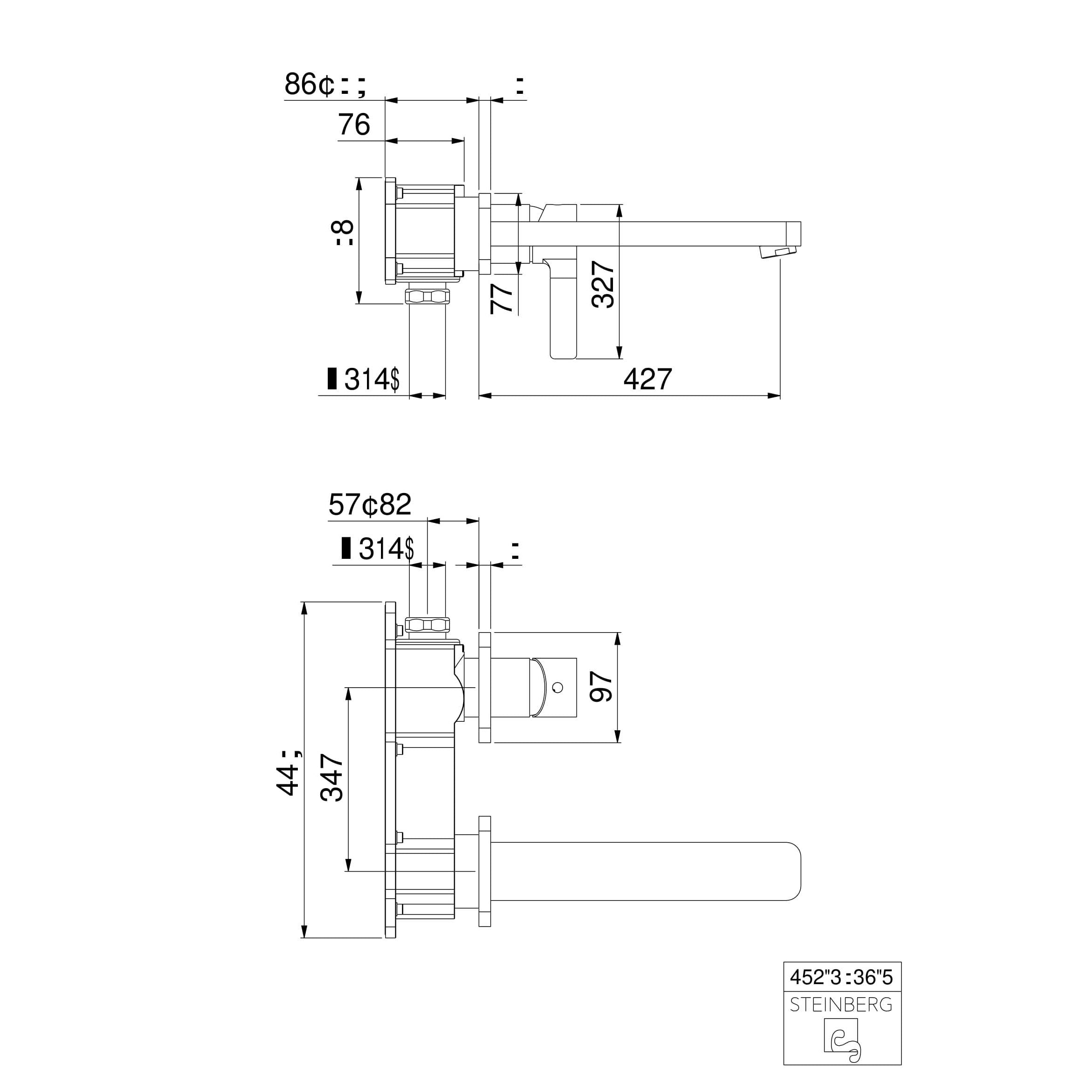 Bateria umywalkowa ścienna Steinberg Seria 230 1804 3 / 1814 3 / 1824 3, wylewka 175 / 205 / 250 mm