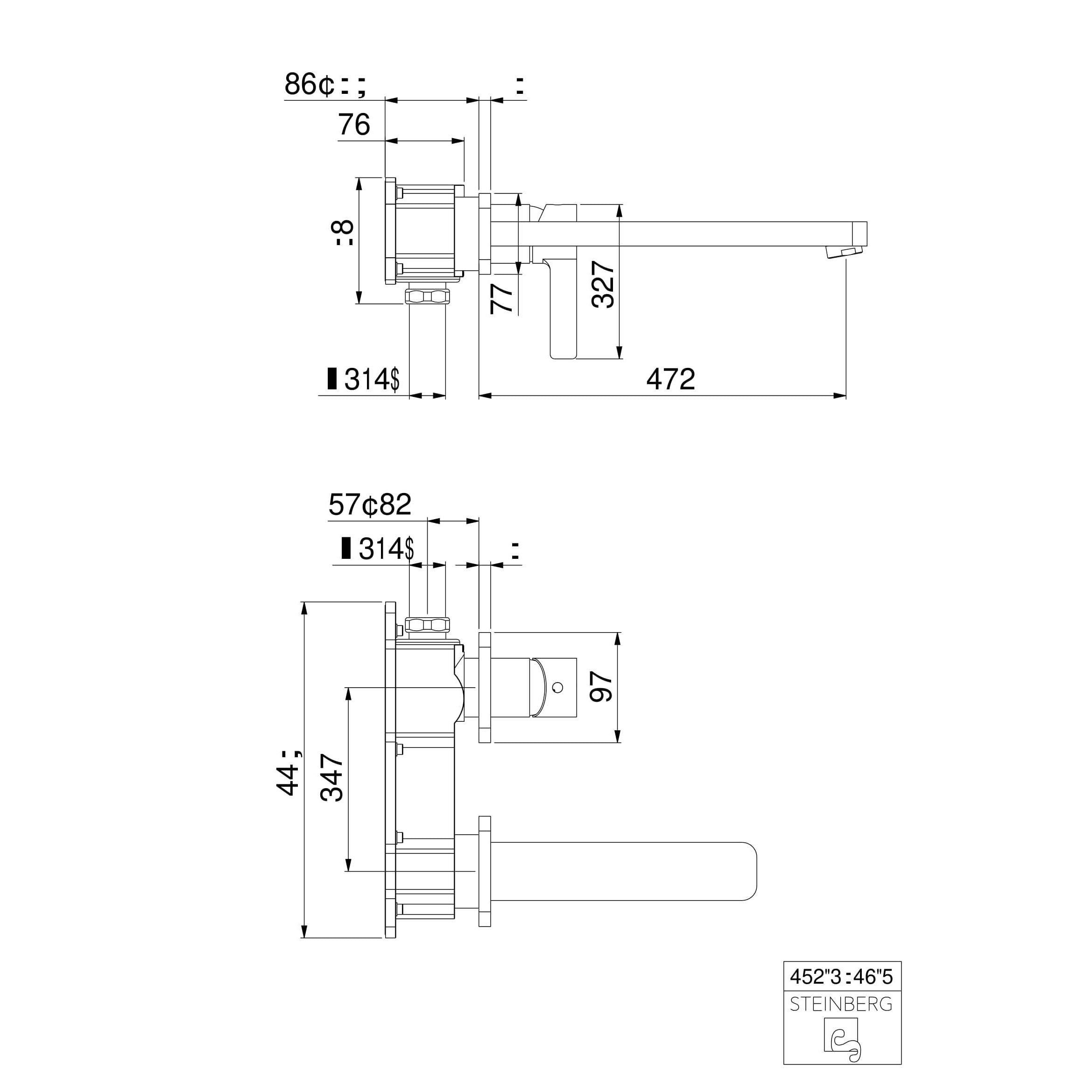 Bateria umywalkowa ścienna Steinberg Seria 230 1804 3 / 1814 3 / 1824 3, wylewka 175 / 205 / 250 mm