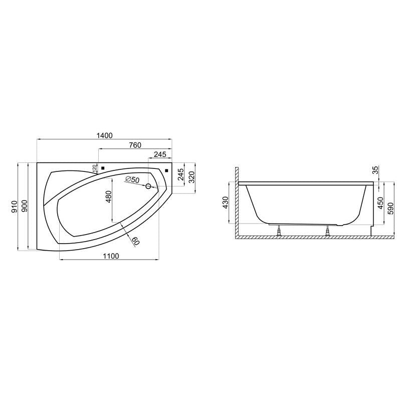 Wanna narożna asymetryczna 140x90 FRIDA Polimat