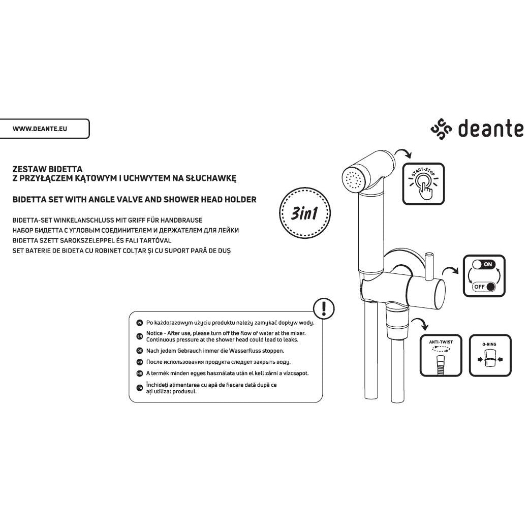 Zestaw bidetta punktowy z przyłączem kątowym - uchwyt na słuchawkę Deante Bidetta ANW_N51B 4