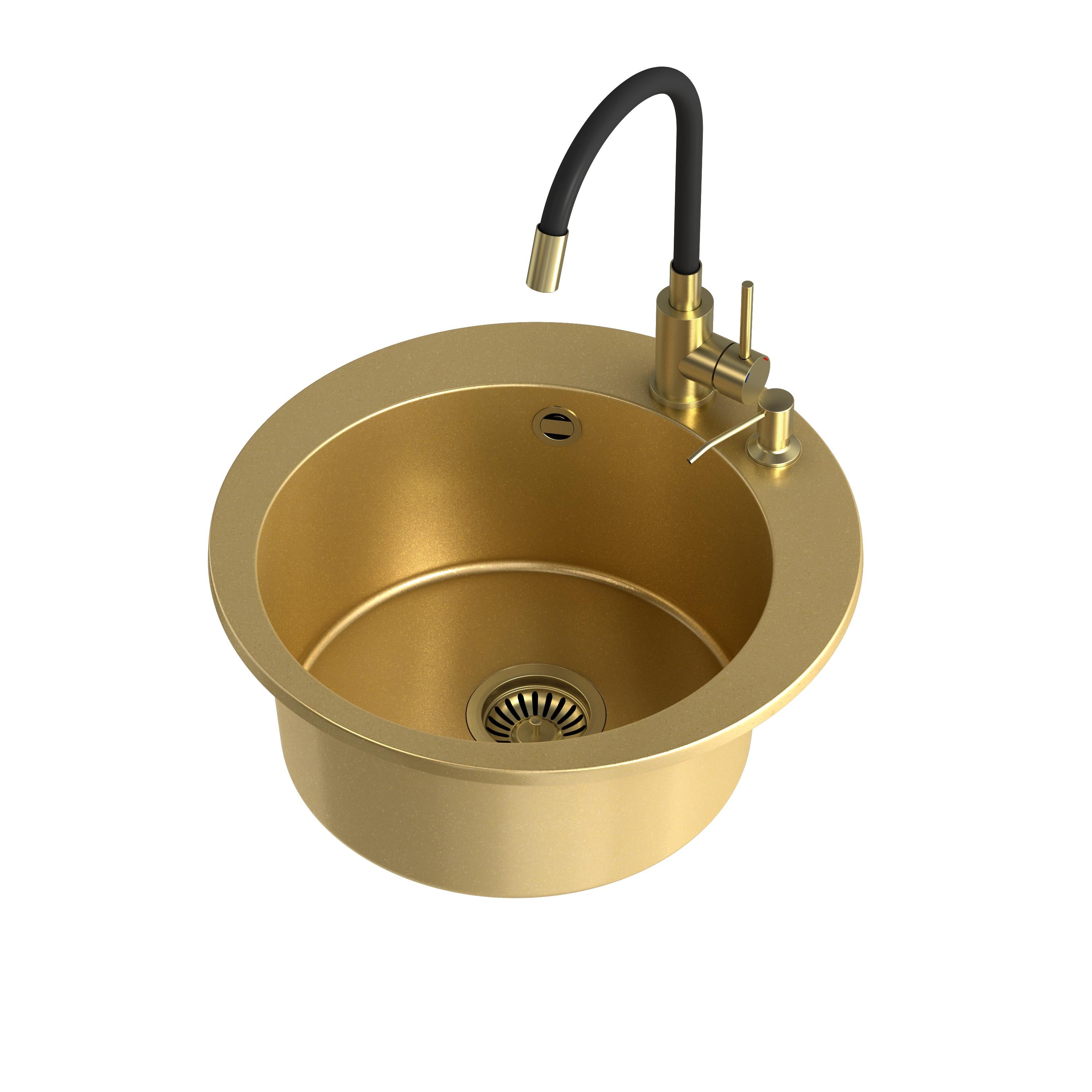 Zlewozmywak granitowy złoty Steiner ART JAMES 210 51 cm z baterią Maggie, syfonem i dozownikiem