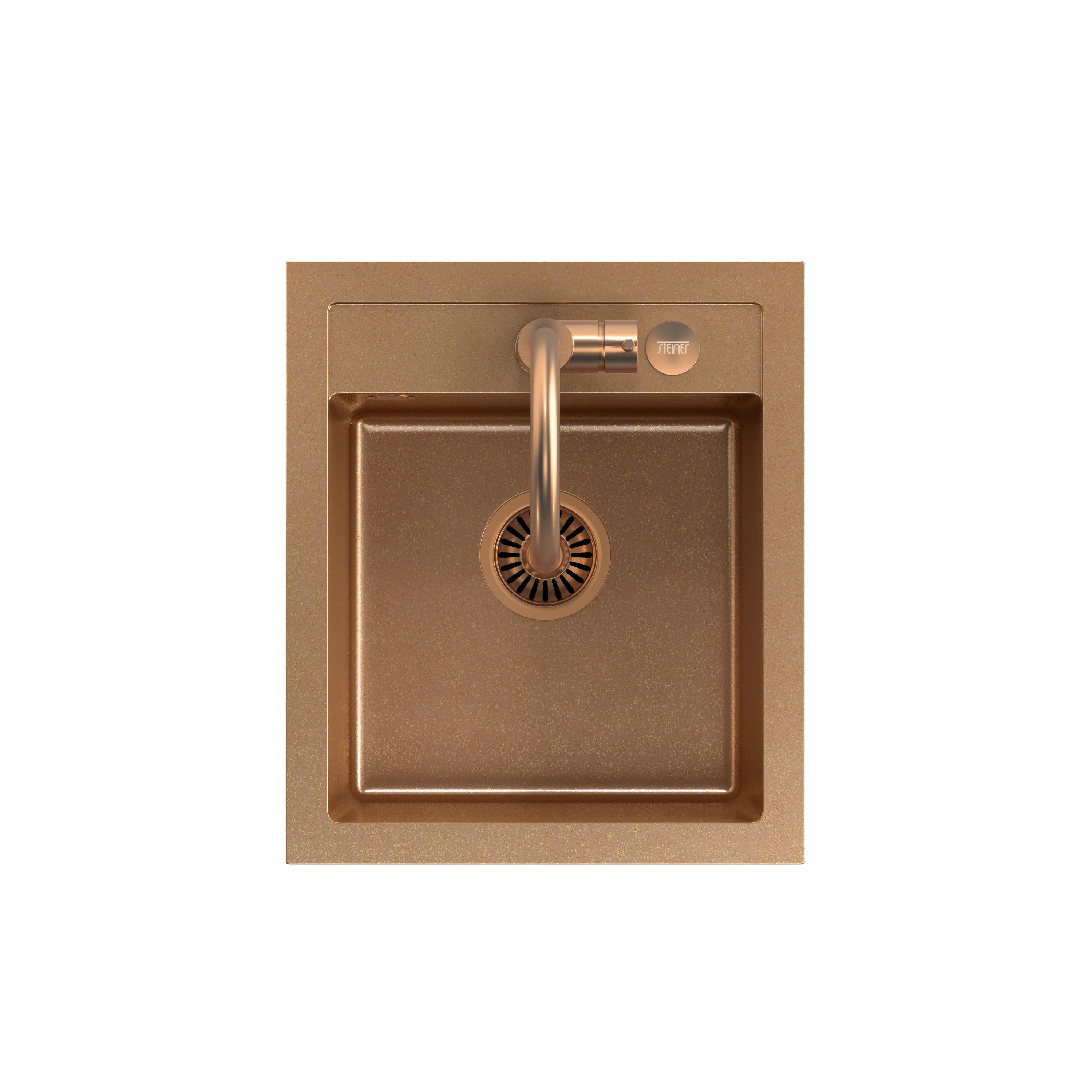 Zlewozmywak granitowy miedziany Steiner ART JOHNNY 100 z baterią Naomi, syfonem i dozownikiem/zaślepką