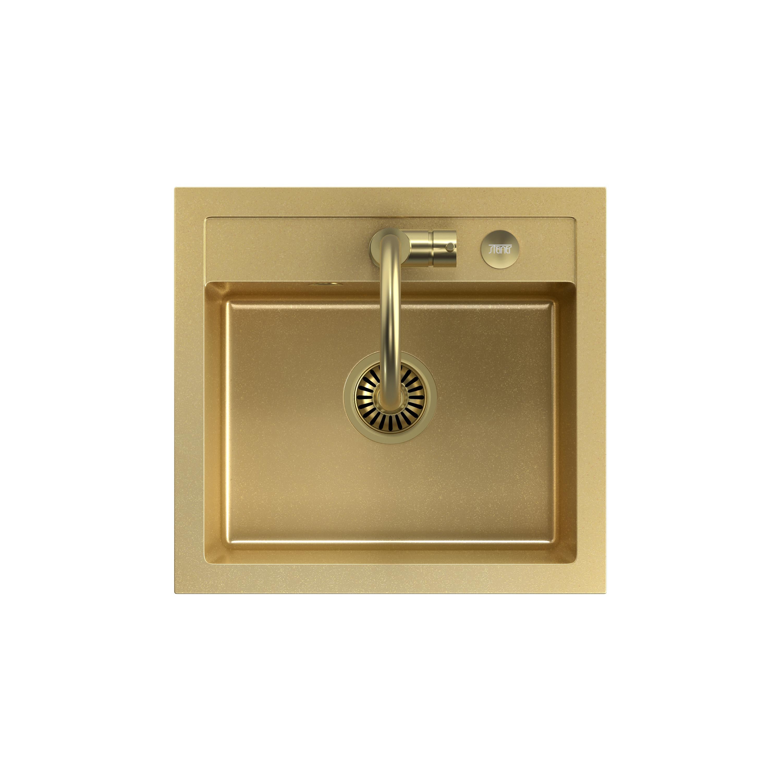 Zlewozmywak granitowy złoty Steiner ART JOHNNY 110 z syfonem, baterią Naomi i dozownikiem/zaślepką