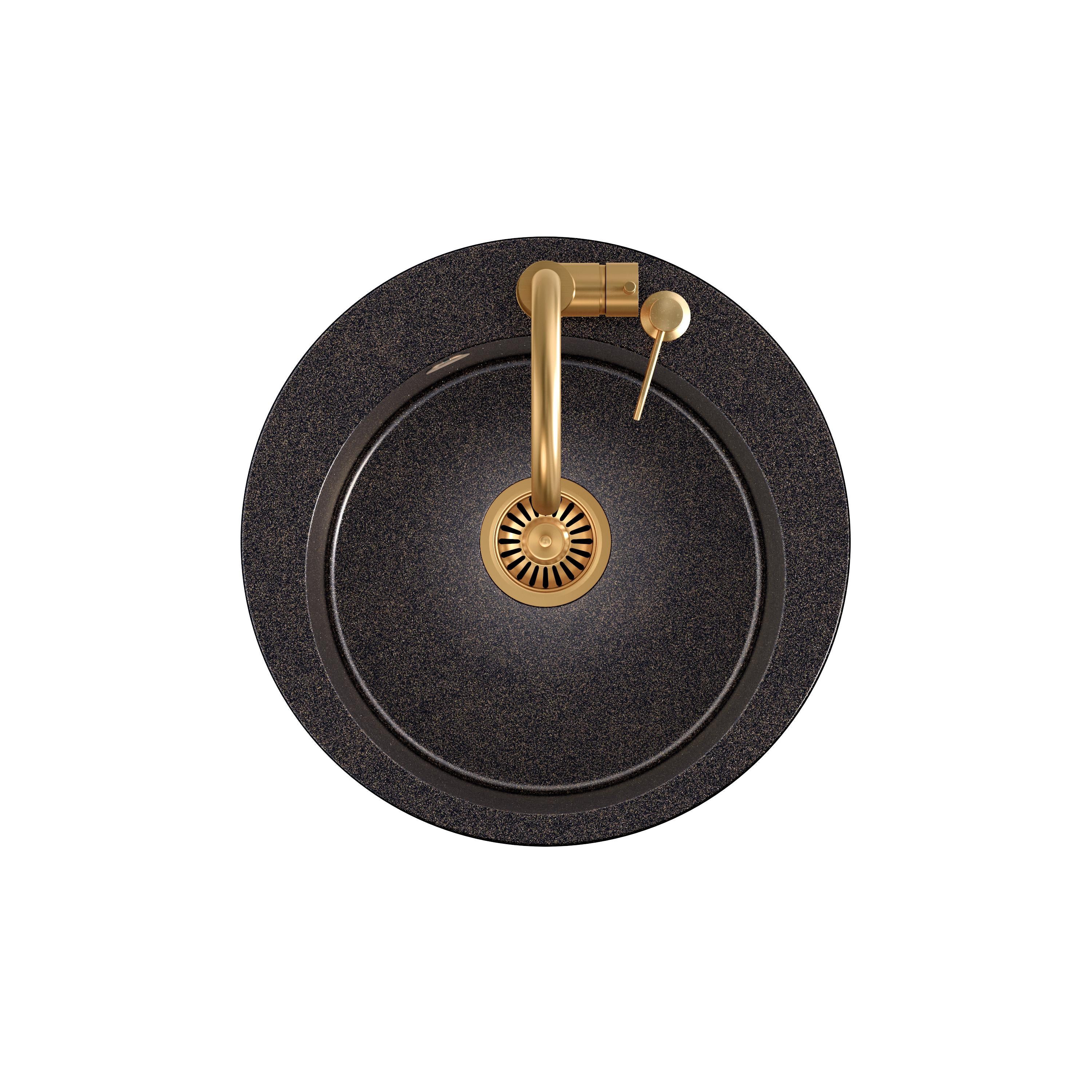 Zlewozmywak granitowy czarny opalizacja miedziana Steiner ART JAMES 210 51 cm z baterią Naomi, syfonem i dozownikiem