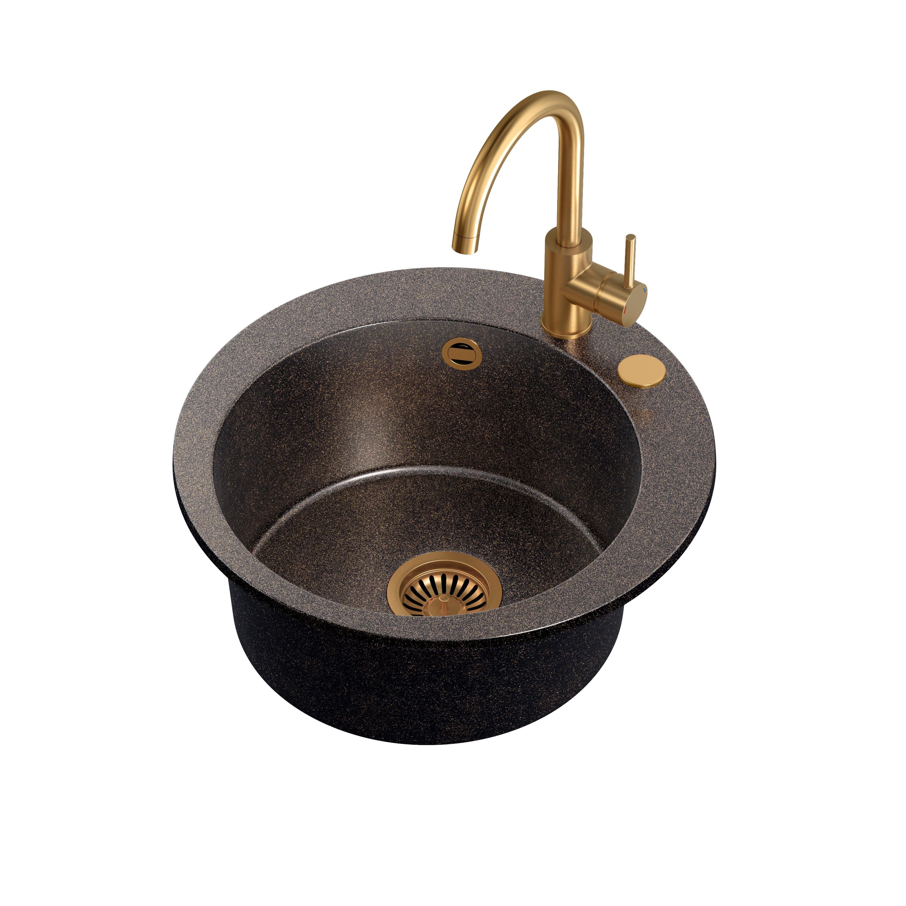 Zlewozmywak granitowy czarny opalizacja miedziana Steiner ART JAMES 210 51 cm z baterią Naomi, syfonem i dozownikiem