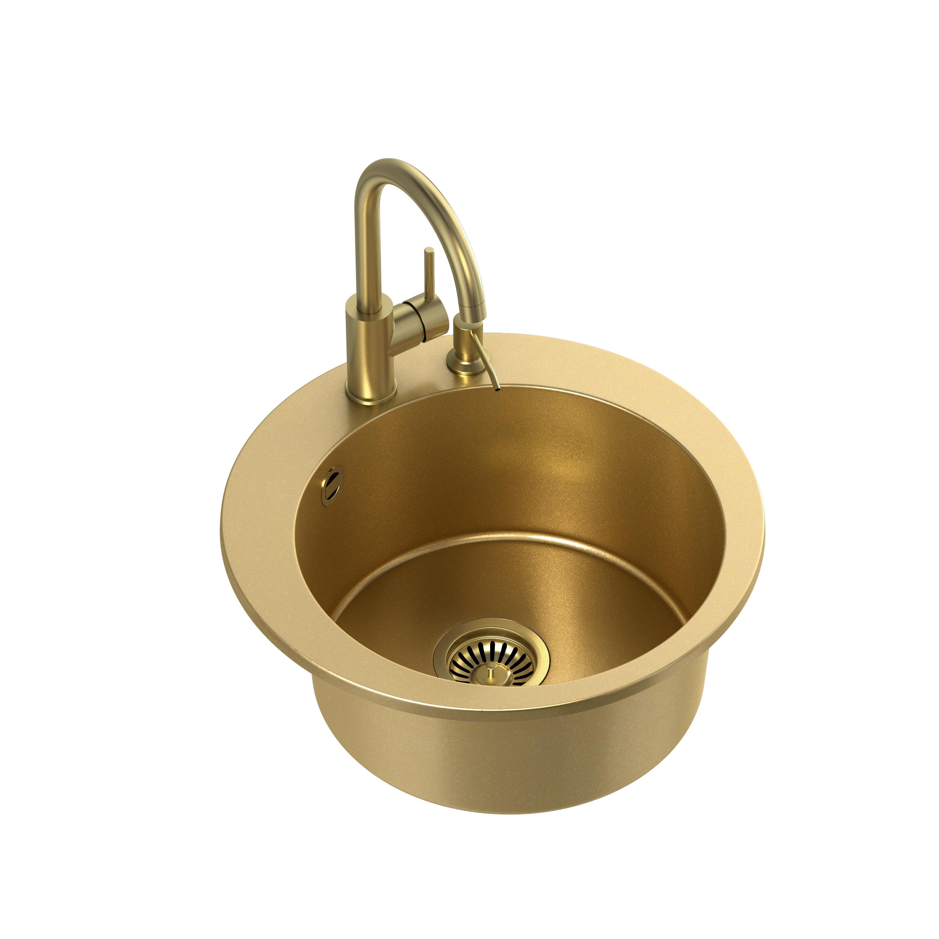 Zlewozmywak granitowy złoty Steiner ART JAMES 210 51 cm z baterią Naomi, syfonem i dozownikiem/zaślepką