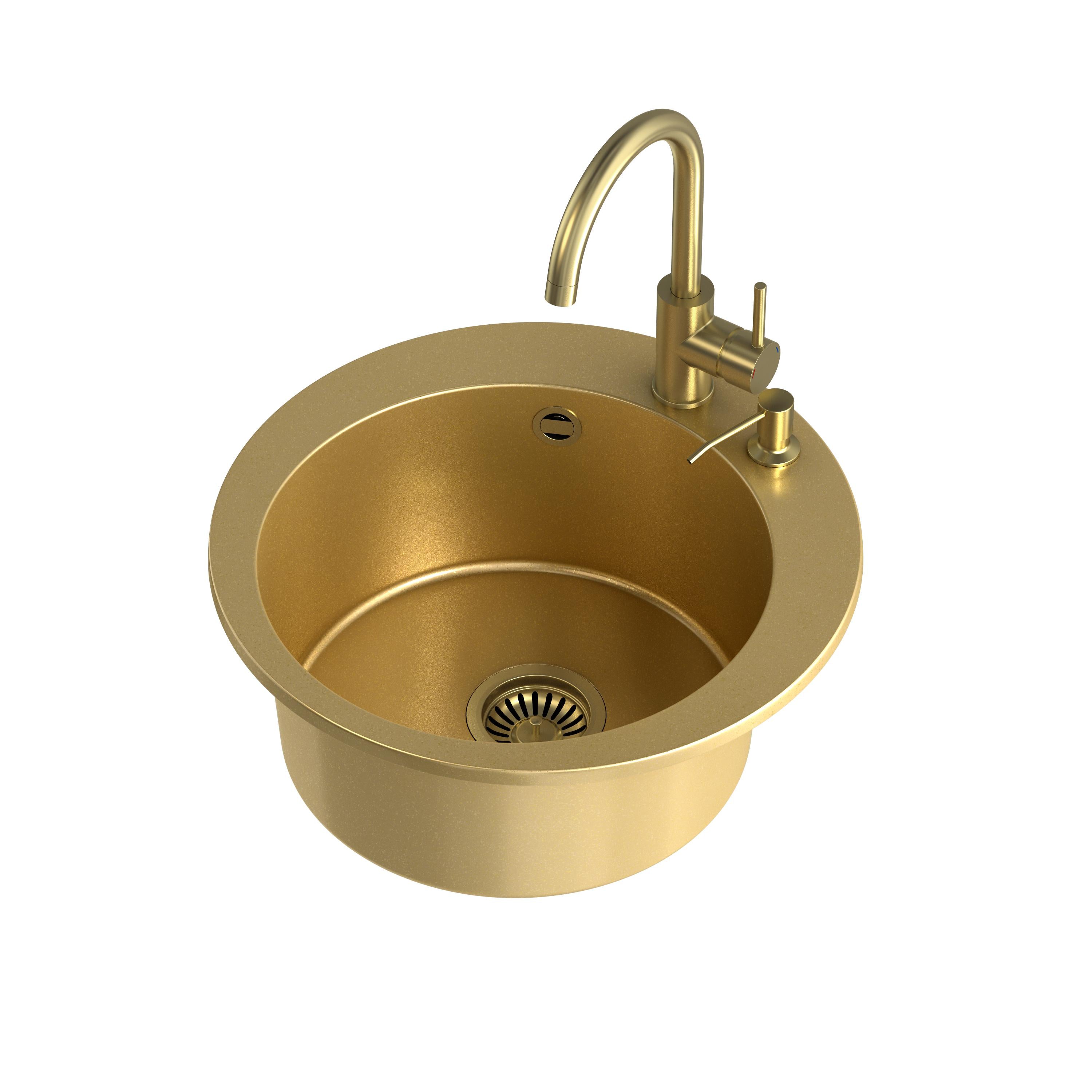 Zlewozmywak granitowy złoty Steiner ART JAMES 210 51 cm z baterią Naomi, syfonem i dozownikiem/zaślepką