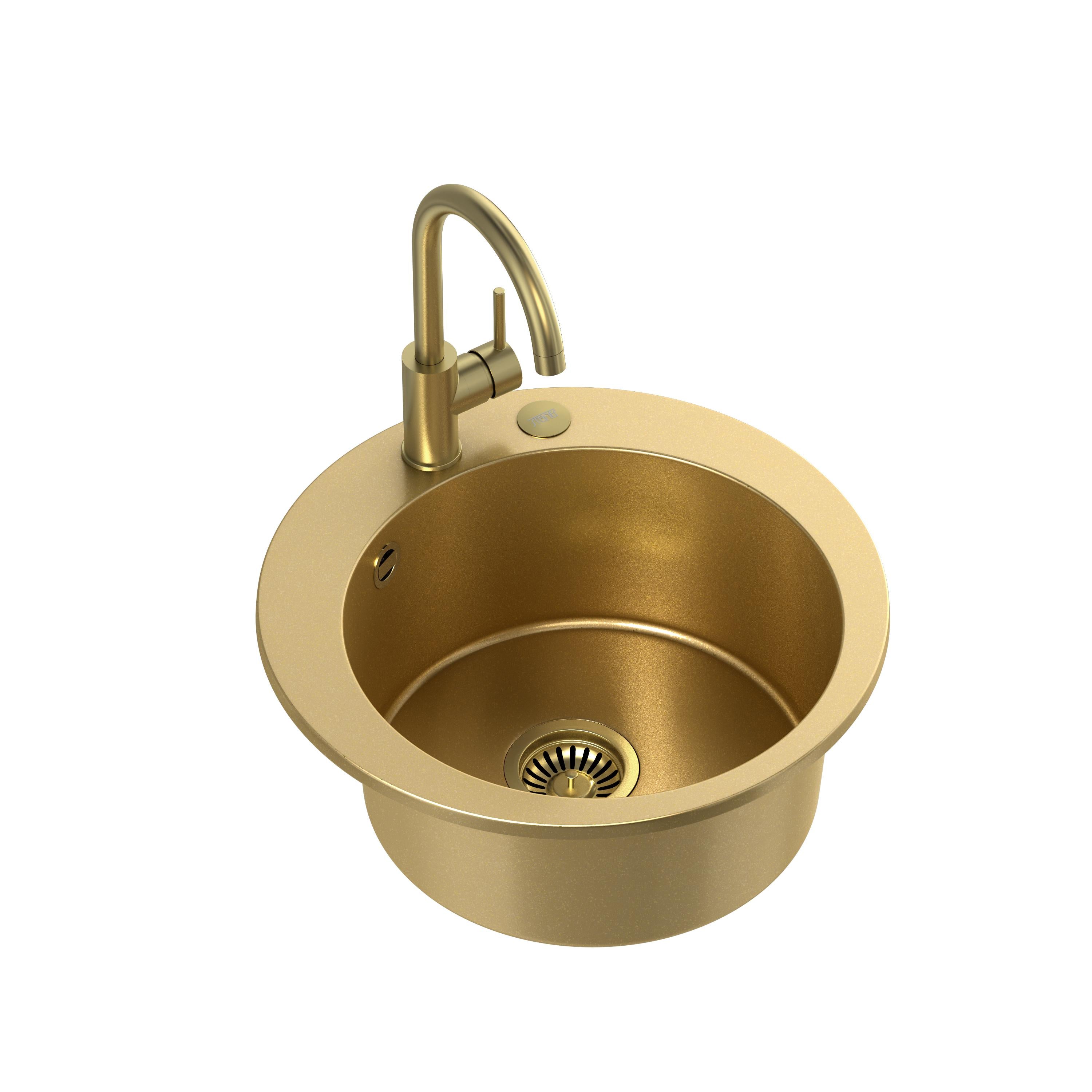 Zlewozmywak granitowy złoty Steiner ART JAMES 210 51 cm z baterią Naomi, syfonem i dozownikiem/zaślepką