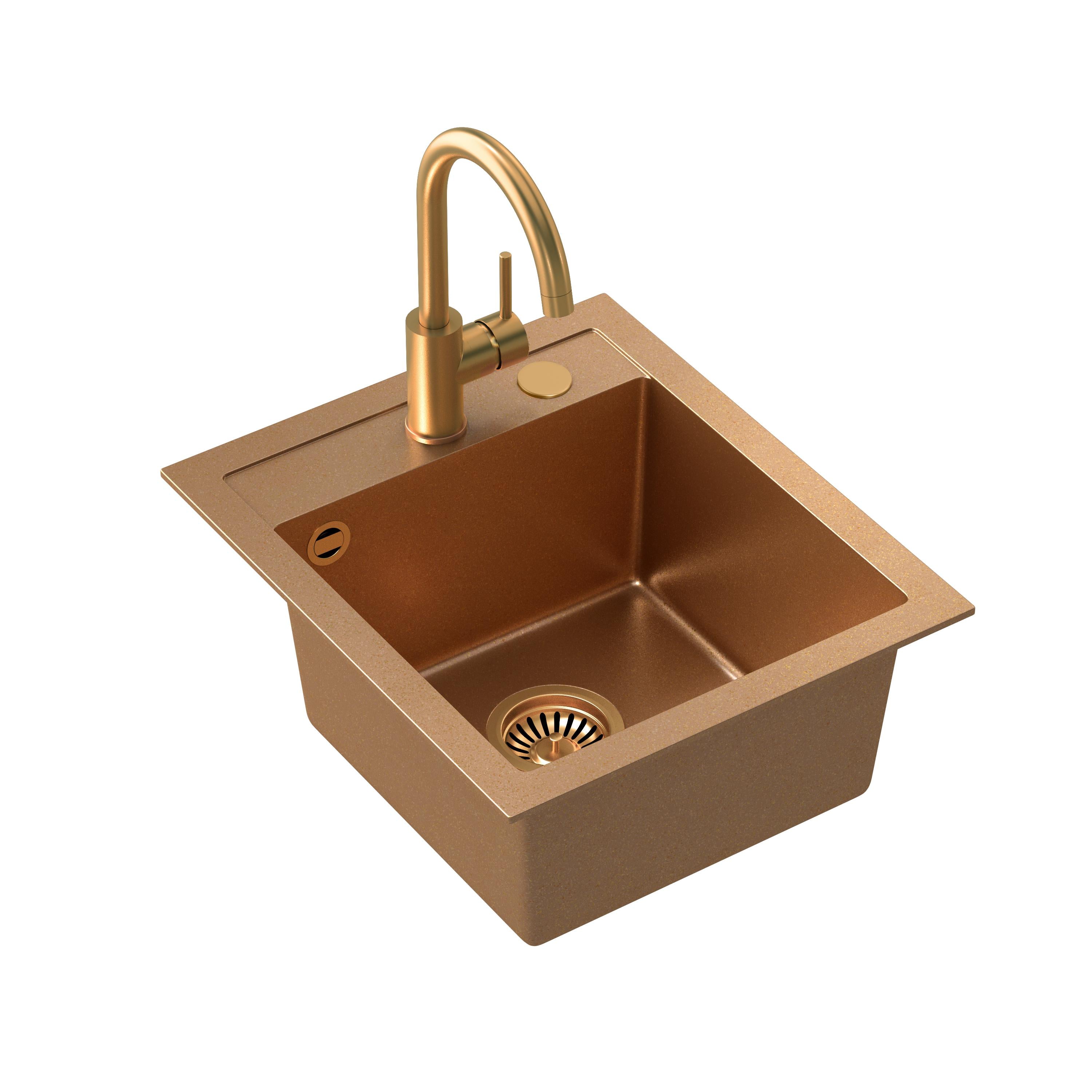 Zlewozmywak granitowy miedziany Steiner ART JOHNNY 100 z baterią Naomi, syfonem i dozownikiem/zaślepką