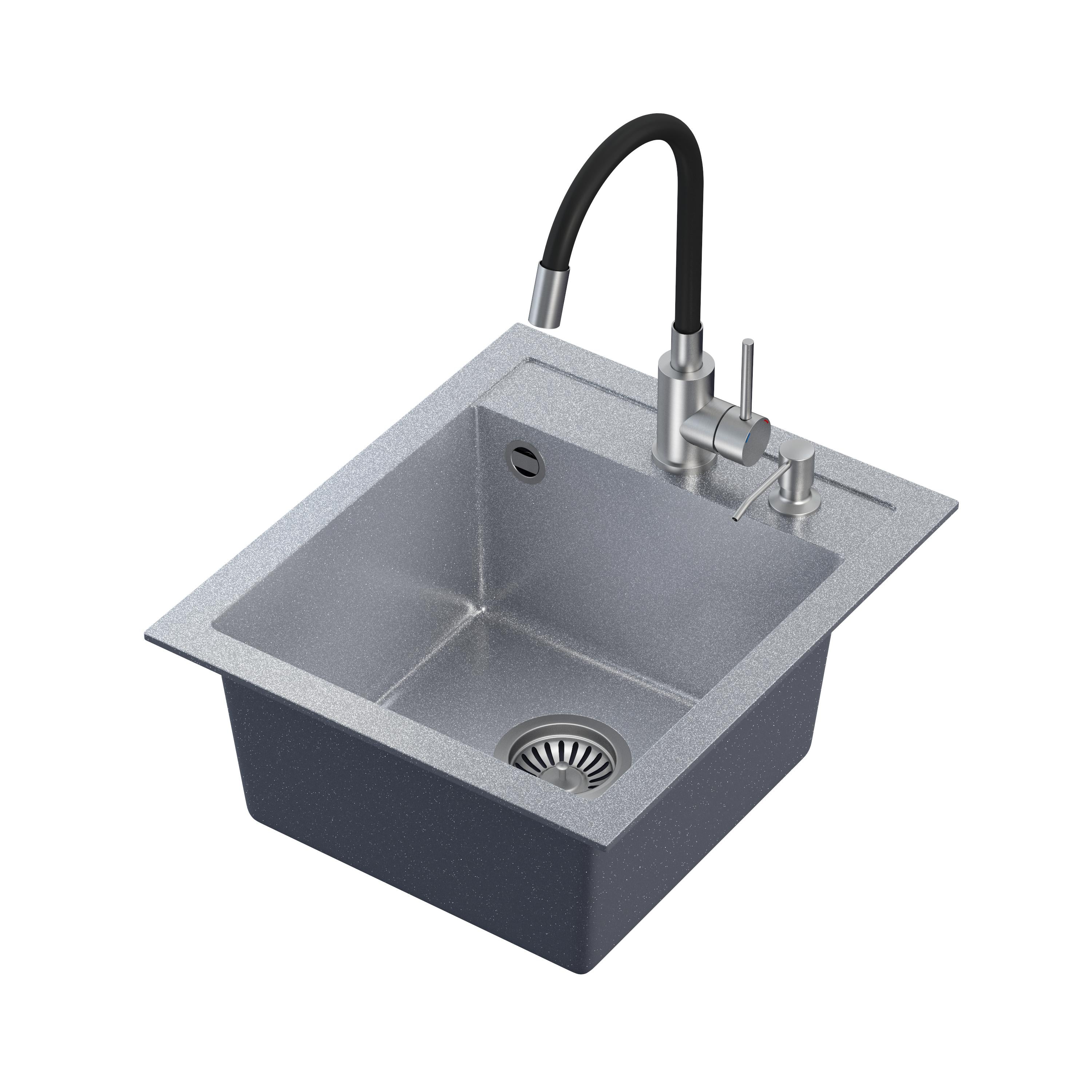 Zlewozmywak granitowy srebrny Steiner ART JOHNNY 100 z baterią Maggie, syfonem i dozownikiem/zaślepką