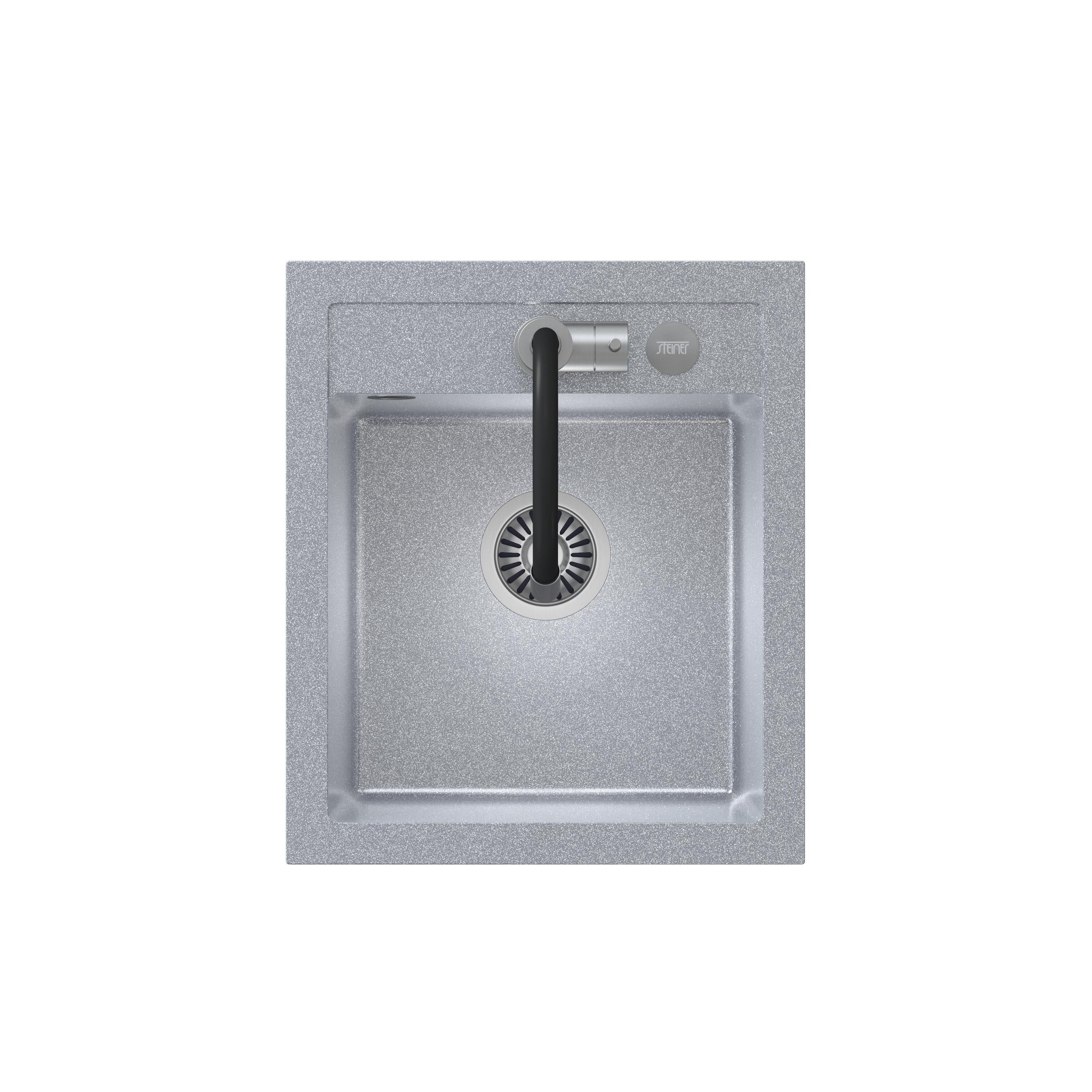 Zlewozmywak granitowy srebrny Steiner ART JOHNNY 100 z baterią Maggie, syfonem i dozownikiem/zaślepką