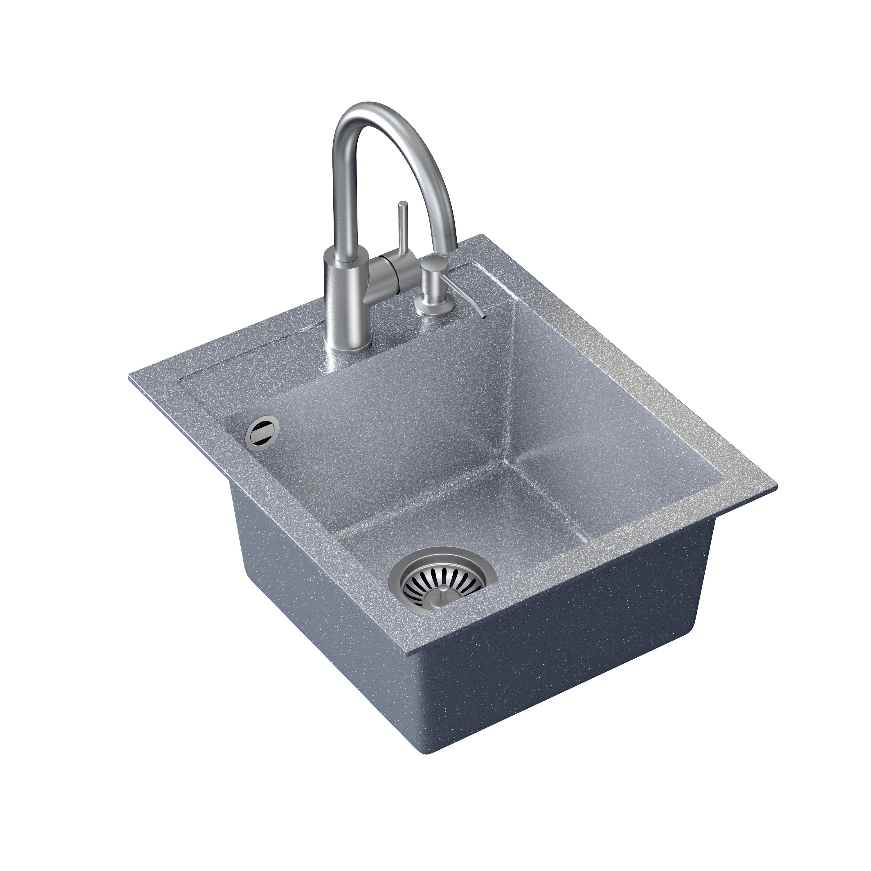 Zlewozmywak granitowy srebrny Steiner ART JOHNNY 100 z baterią Naomi, syfonem, i dozownikiem/zaślepką