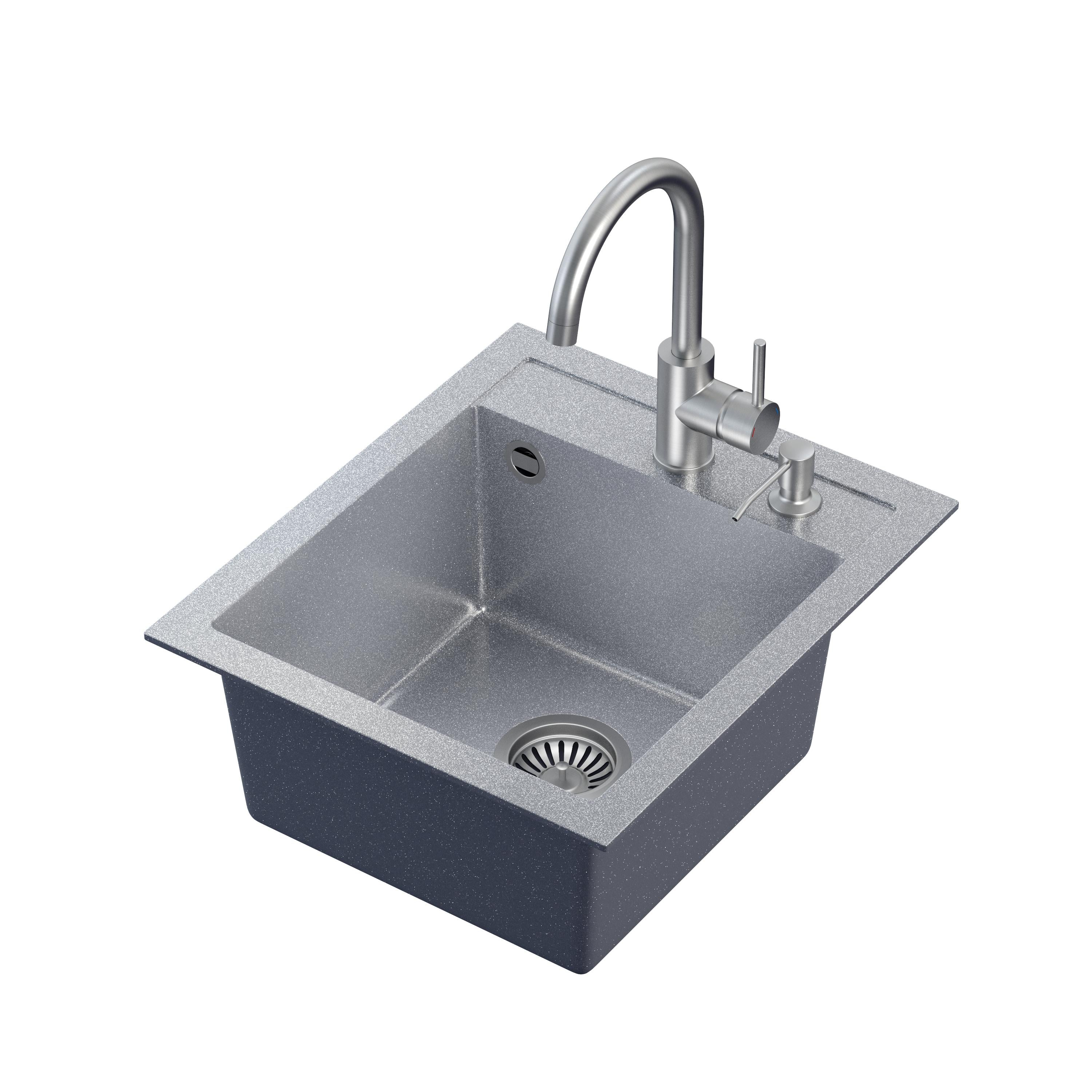 Zlewozmywak granitowy srebrny Steiner ART JOHNNY 100 z baterią Naomi, syfonem, i dozownikiem/zaślepką