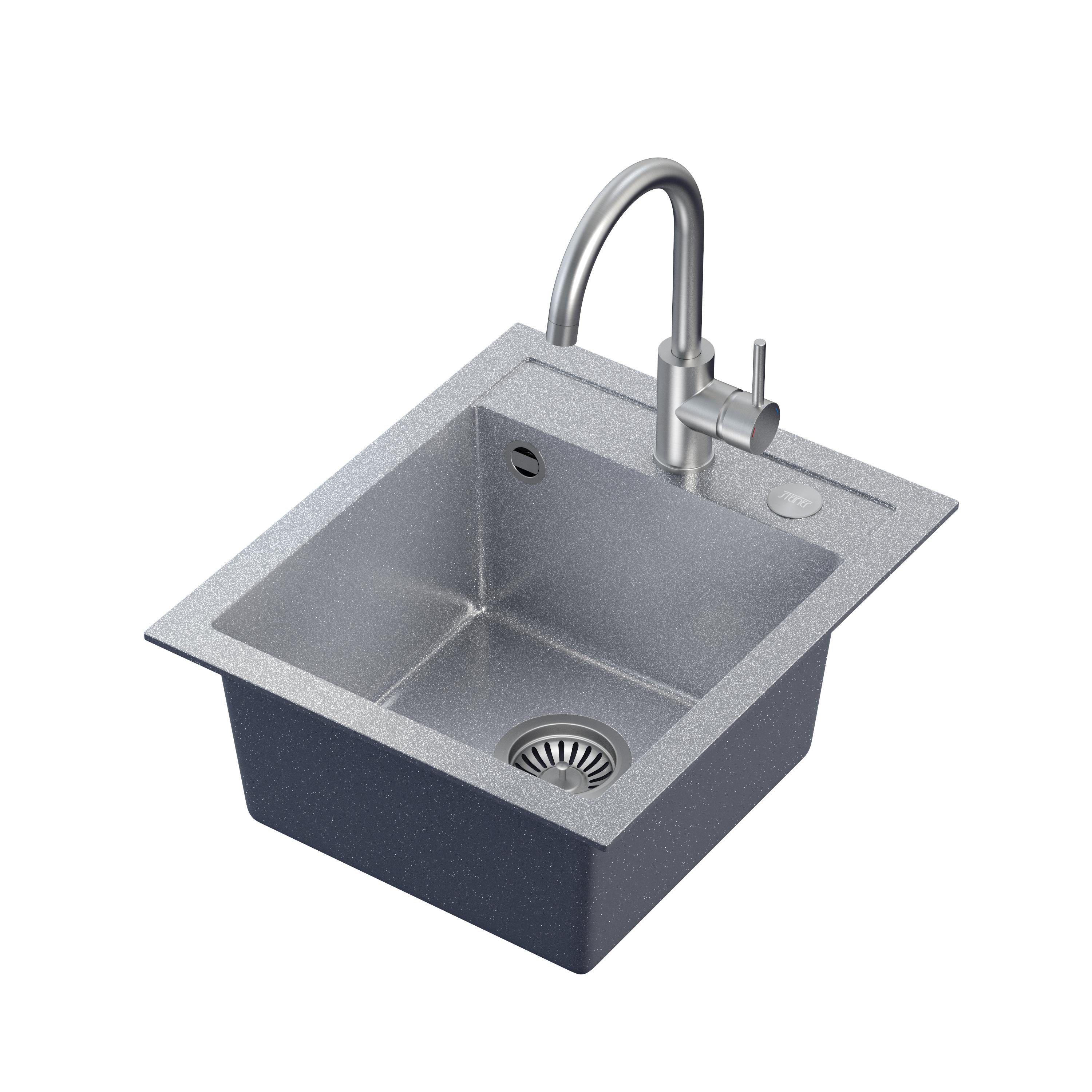 Zlewozmywak granitowy srebrny Steiner ART JOHNNY 100 z baterią Naomi, syfonem, i dozownikiem/zaślepką