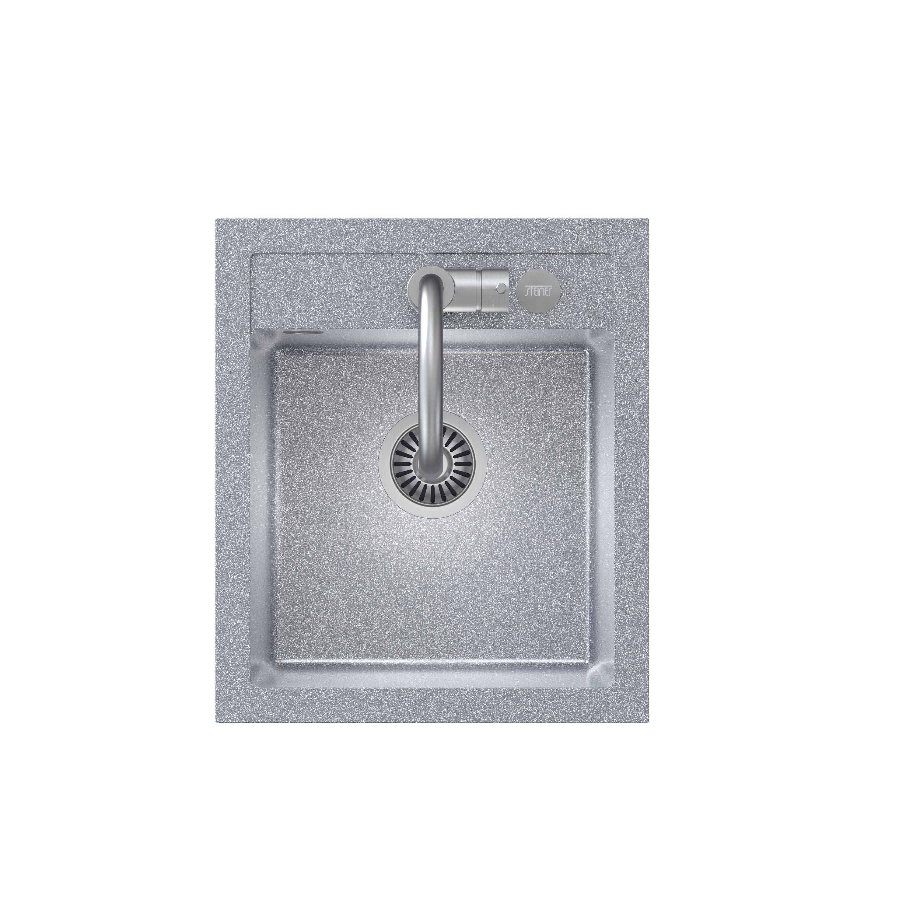 Zlewozmywak granitowy srebrny Steiner ART JOHNNY 100 z baterią Naomi, syfonem, i dozownikiem/zaślepką