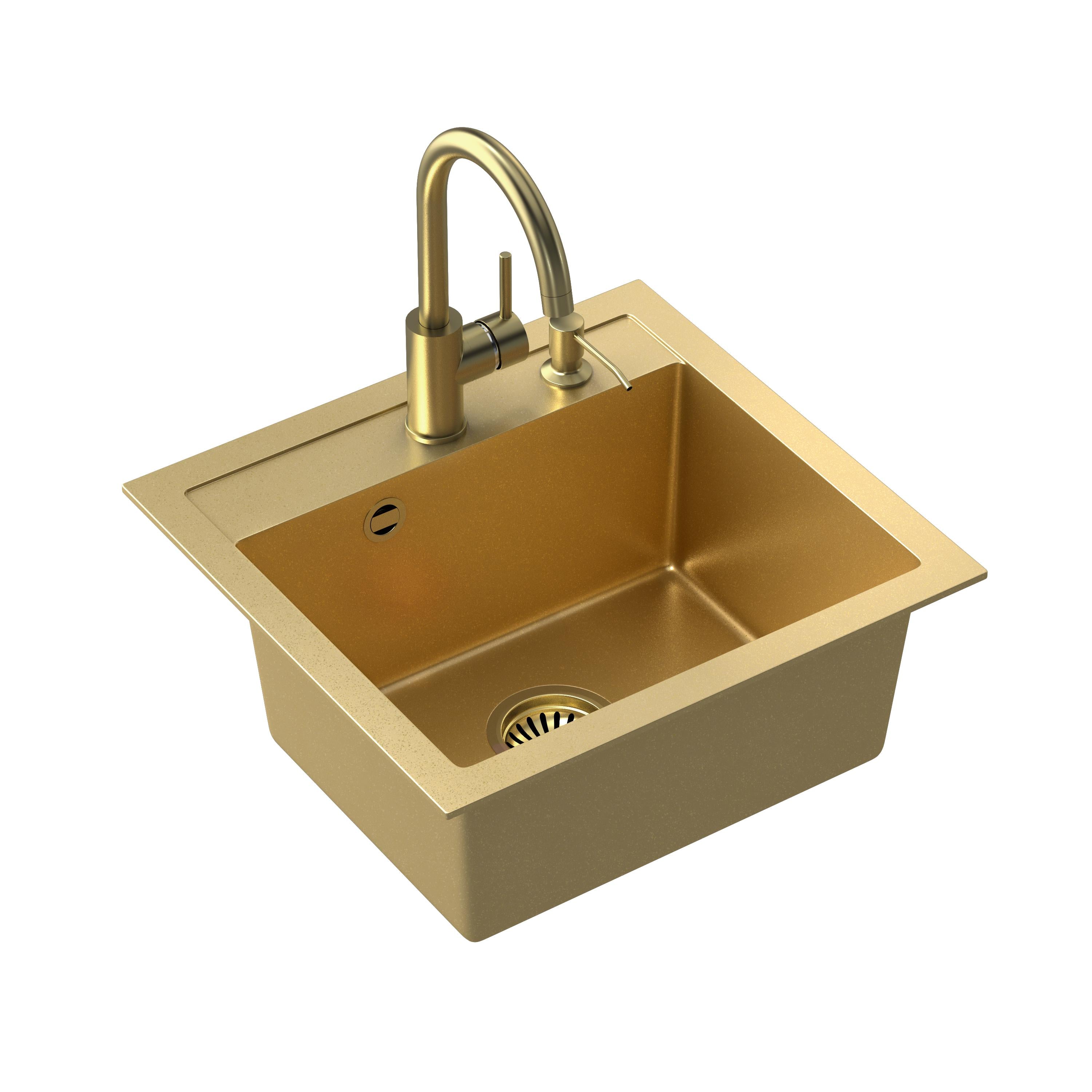 Zlewozmywak granitowy złoty Steiner ART JOHNNY 110 z syfonem, baterią Naomi i dozownikiem/zaślepką