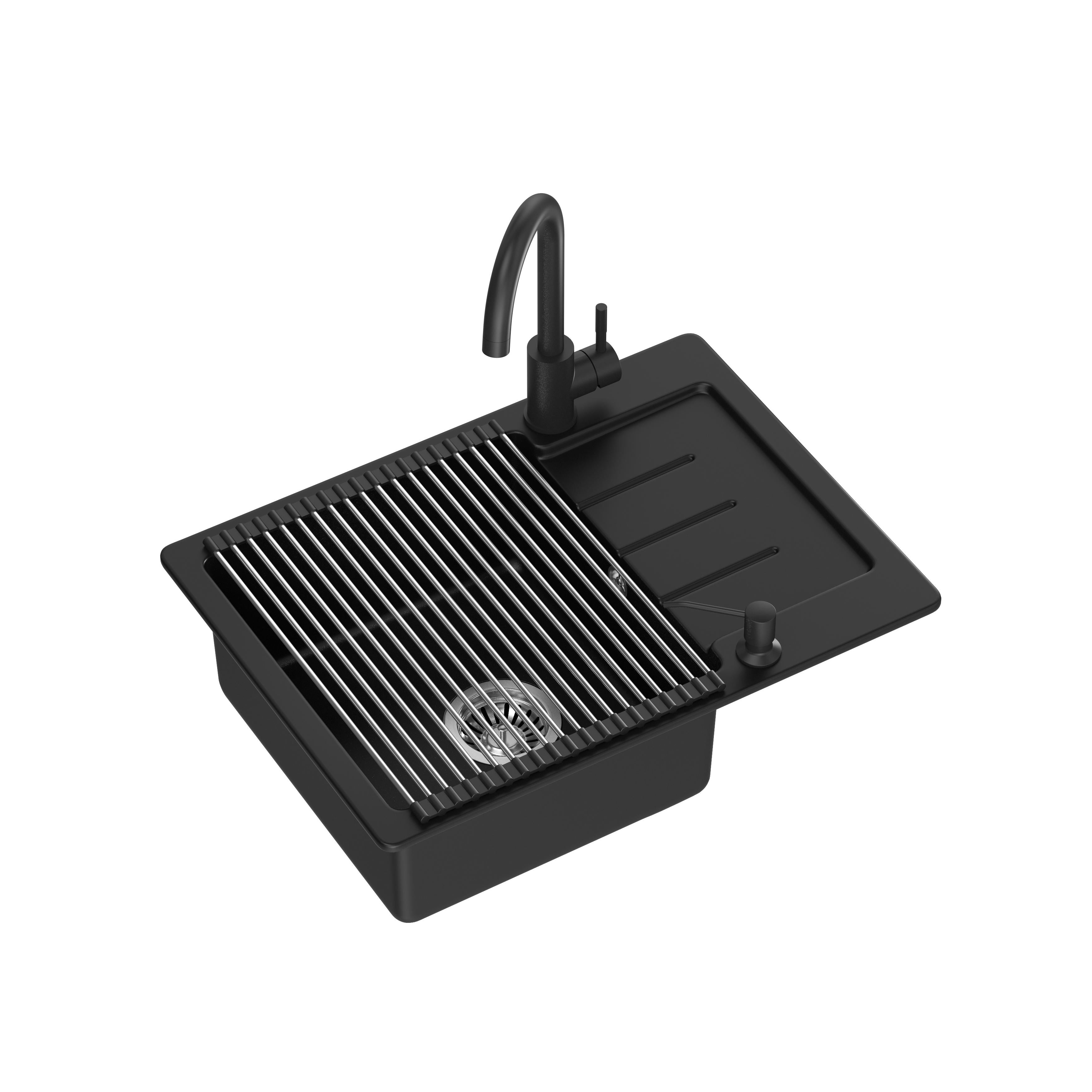 Zlewozmywak granitowy Steiner JOHNNY 116 Steingran VERY BLACK czarny mat (60x44x18,5) z syfonem + bateria very black mat + dozownik + rollmata HCQJ6044BLM_BDR