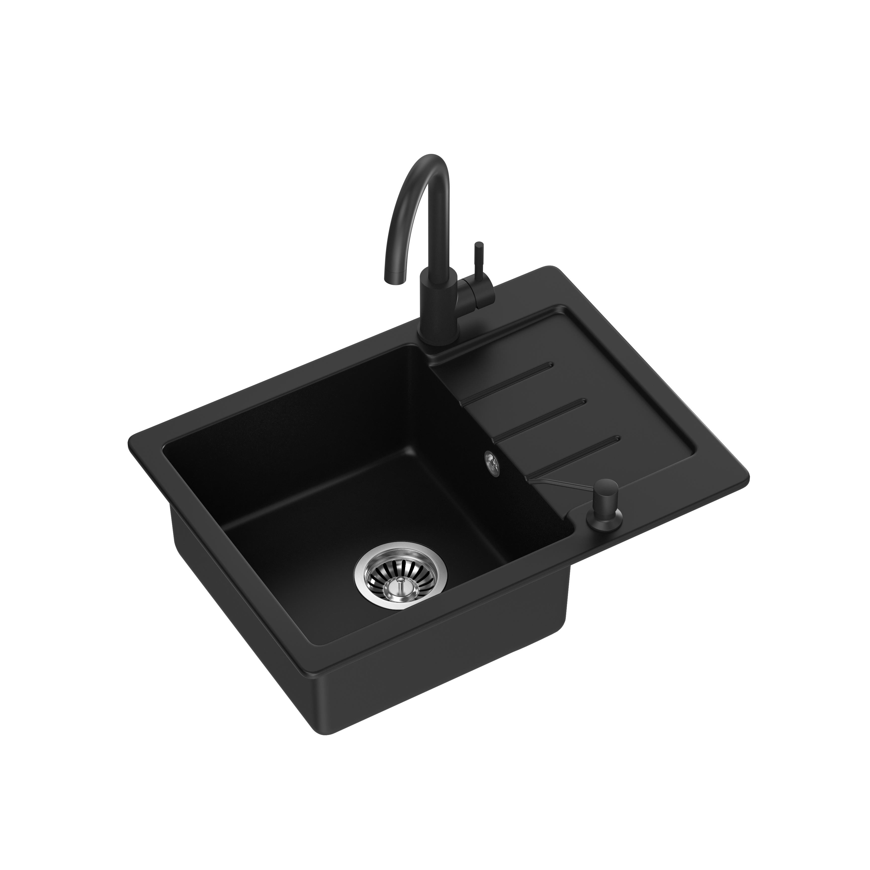 Zlewozmywak granitowy Steiner JOHNNY 116 Steingran VERY BLACK czarny mat (60x44x18,5) z syfonem + bateria very black mat + dozownik + rollmata HCQJ6044BLM_BDR