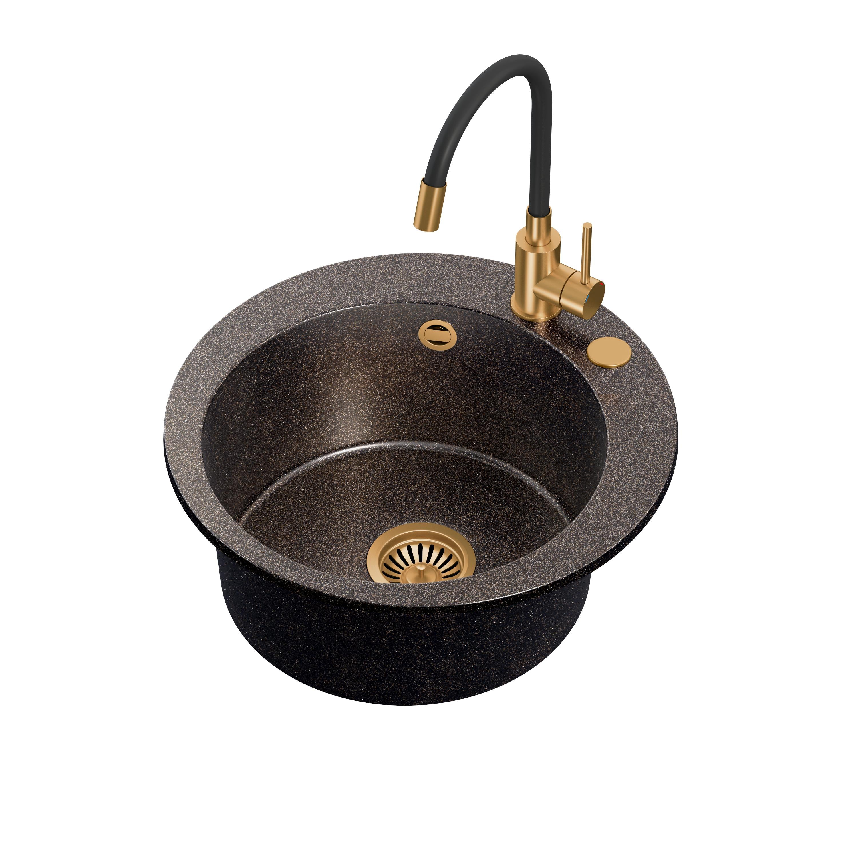 Zlewozmywak granitowy czarny opalizacja miedziana Steiner ART JAMES 210 51 cm z baterią Maggie, syfonem i dozownikiem