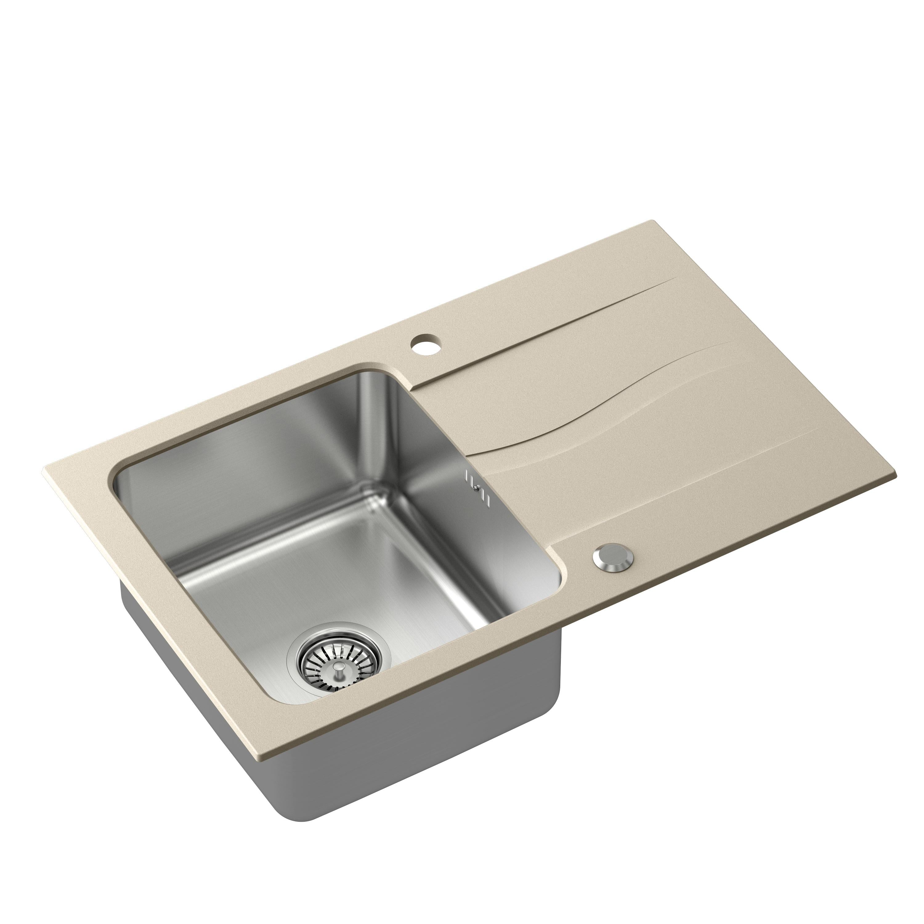 Zlewozmywak granitowo-stalowy 78x48 cm Steiner MICHAEL 111 Fusion Steingran Hybrid Plus beżowy z komorą stalową z syfonem manualnym i zaślepką FUS_M7848BE