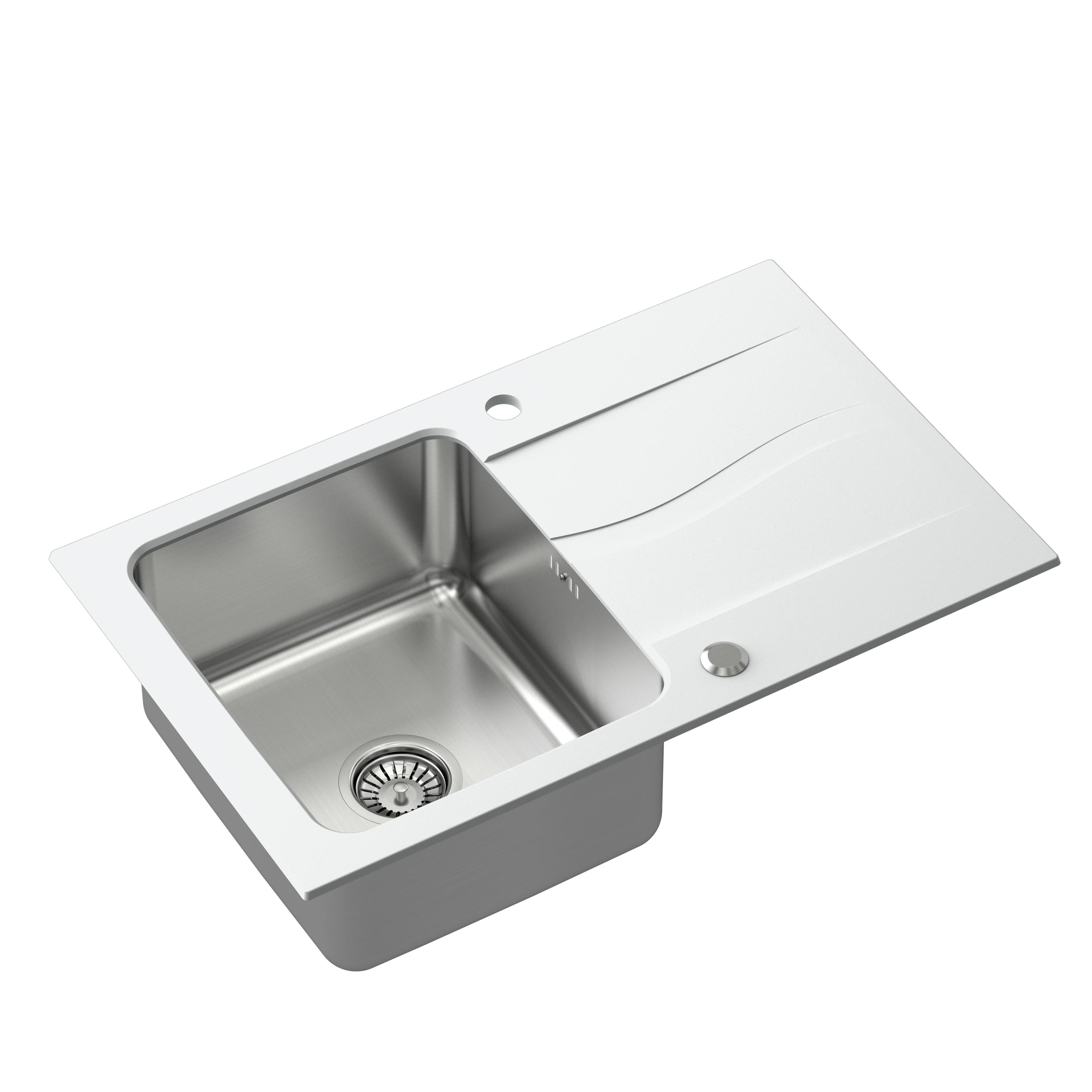 Zlewozmywak granitowo-stalowy 78x48 cm Steiner MICHAEL 111 Fusion Steingran Hybrid Plus biały z komorą stalową z syfonem manualnym i zaślepką FUS_M7848BI