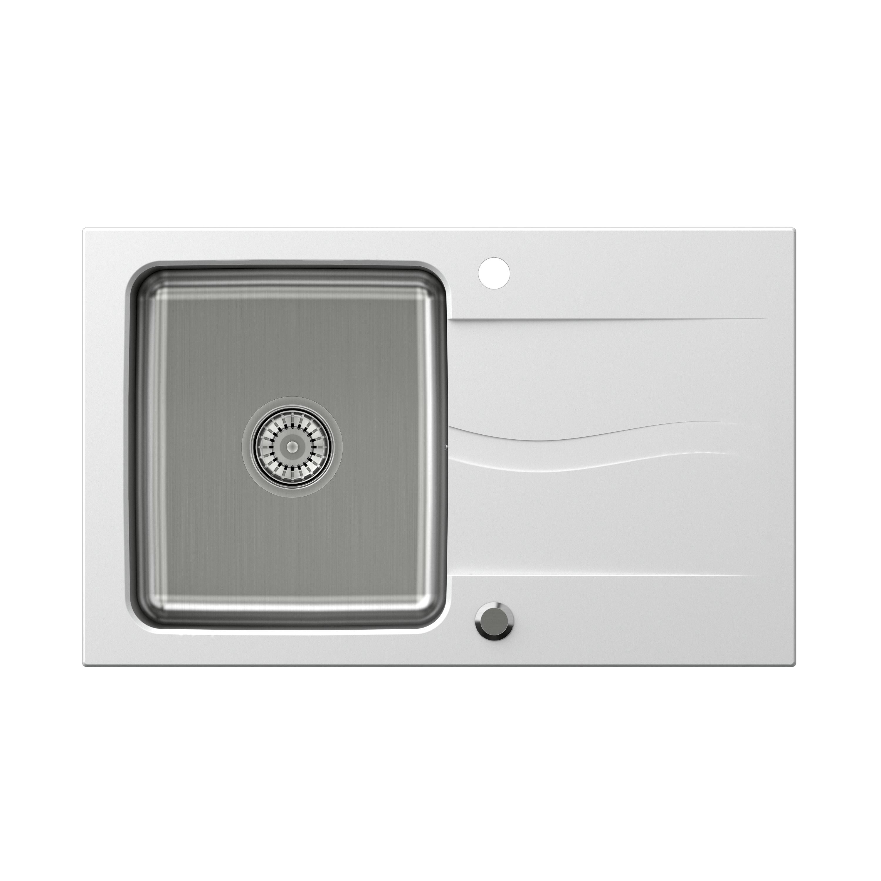 Zlewozmywak granitowo-stalowy 78x48 cm Steiner MICHAEL 111 Fusion Steingran Hybrid Plus biały z komorą stalową z syfonem manualnym i zaślepką FUS_M7848BI