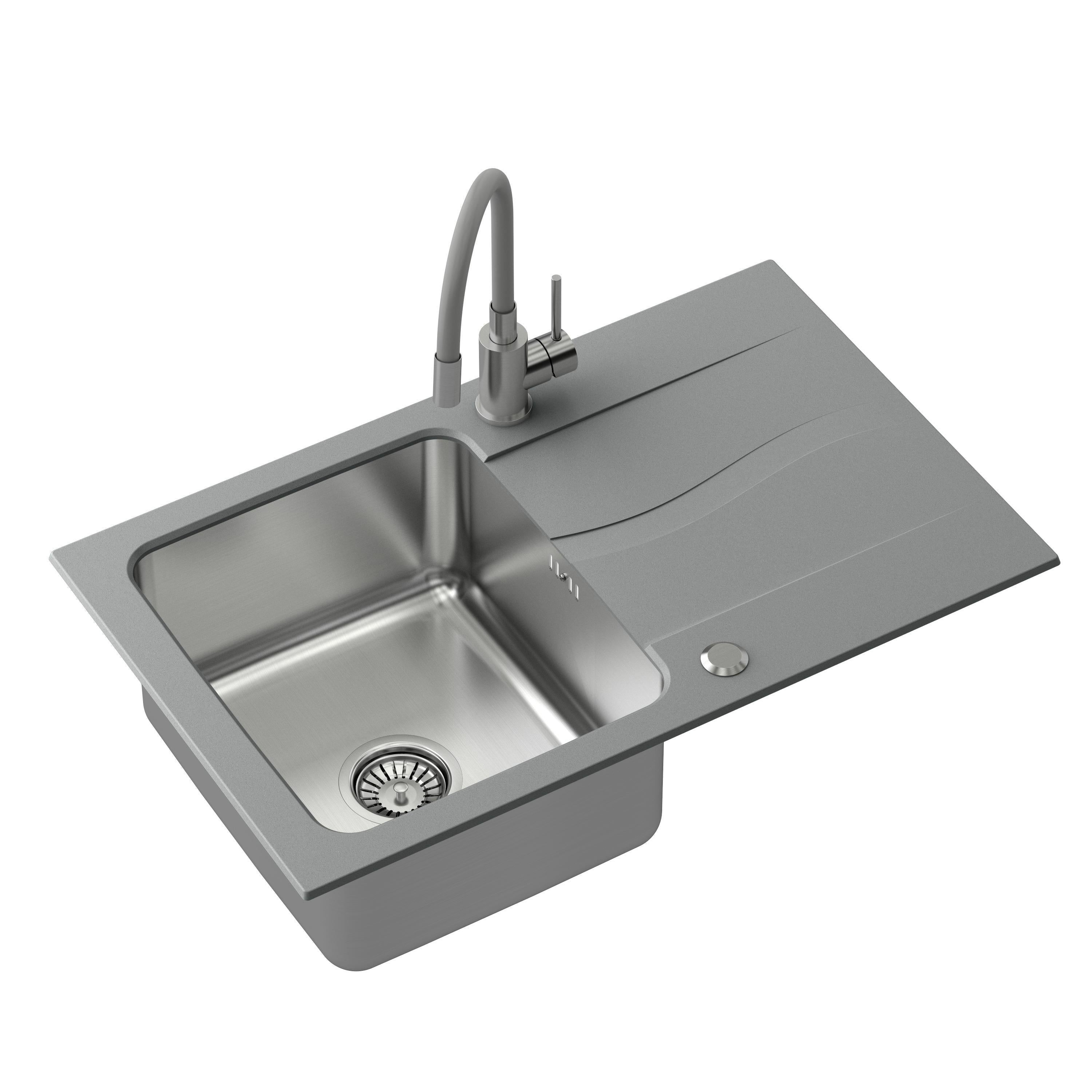 Zlewozmywak granitowo-stalowy 78x48 cm Steiner MICHAEL 111 Fusion szary z syfonem manualnym i baterią Maggie FUS_M7848SZ_3323503GR