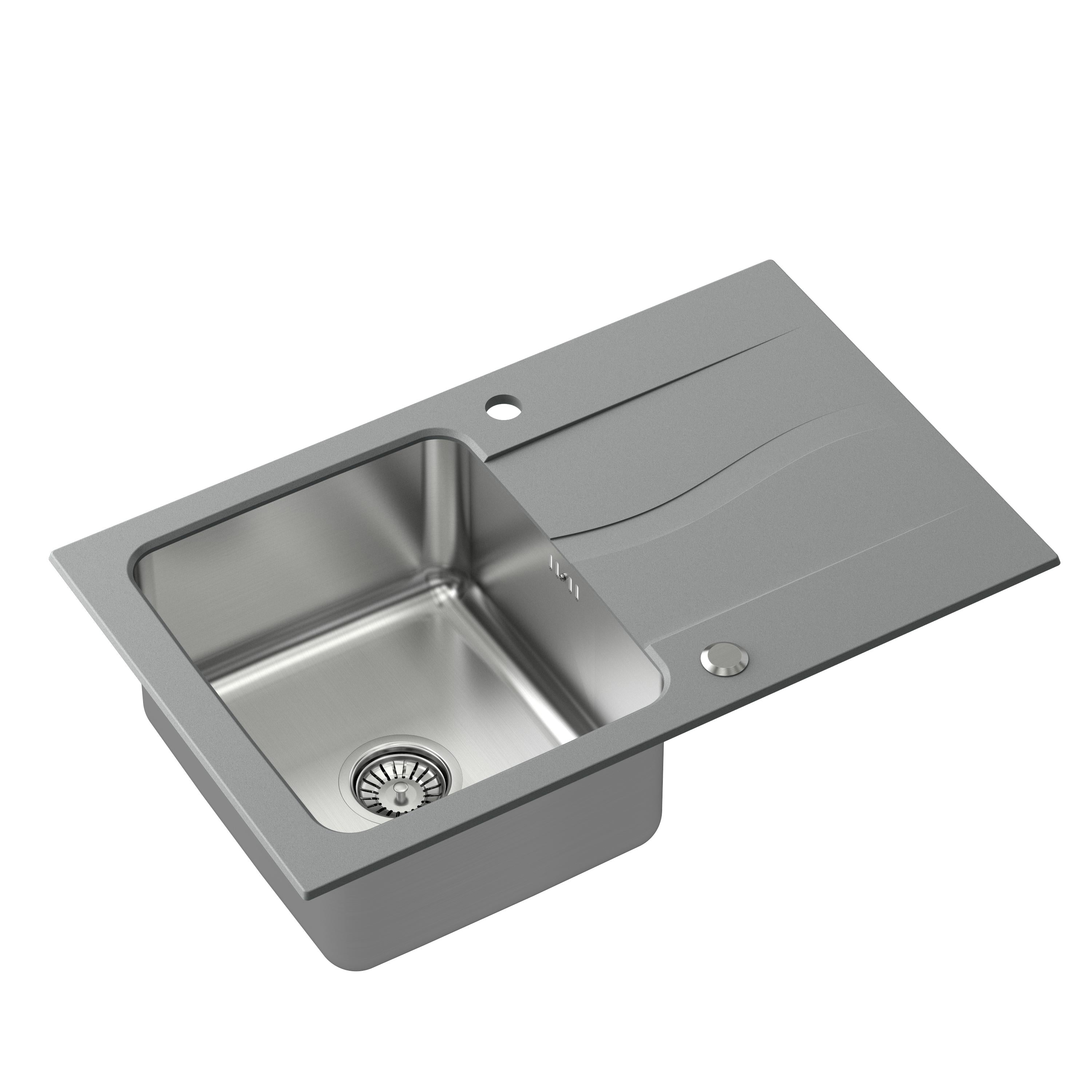 Zlewozmywak granitowo-stalowy 78x48 cm Steiner MICHAEL 111 Fusion Steingran Hybrid Plus szary z komorą stalową z syfonem manualnym i zaślepką FUS_M7848SZ