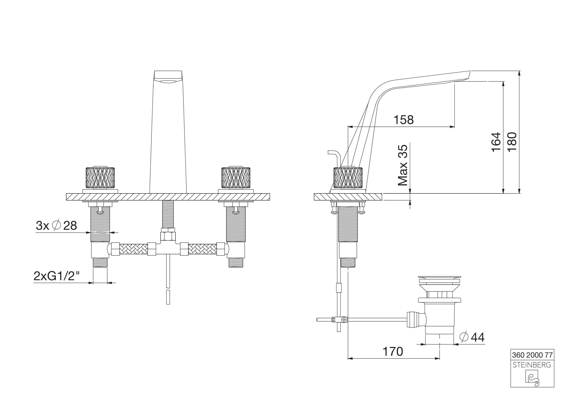 3-otworowa bateria umywalkowa Steinberg Seria 360 2000 Crystal, białe pokrętła