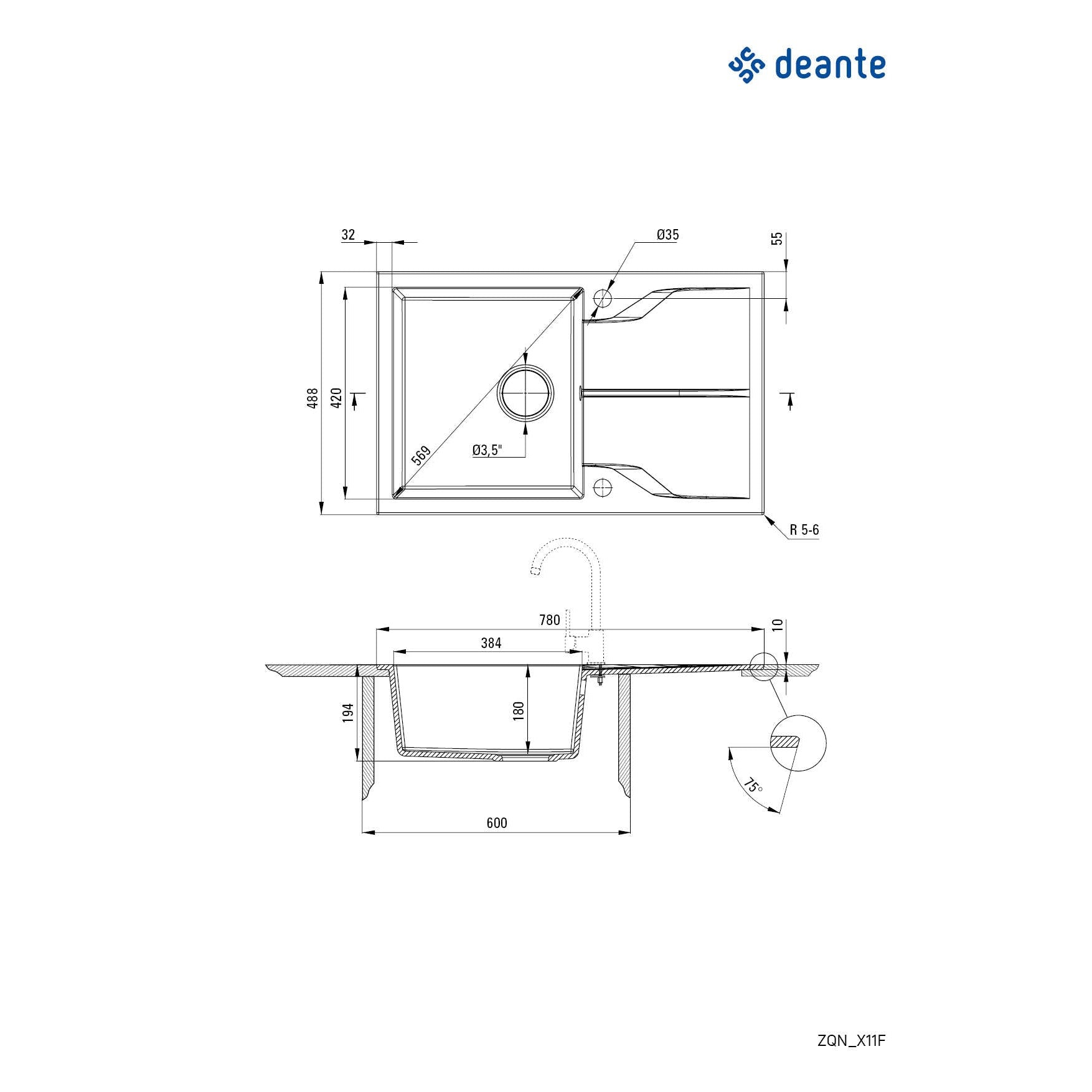 Zlewozmywak granitowy 1-komorowy z ociekaczem - montowany na równi z blatem Deante Andante Flush ZQN_G11F 2