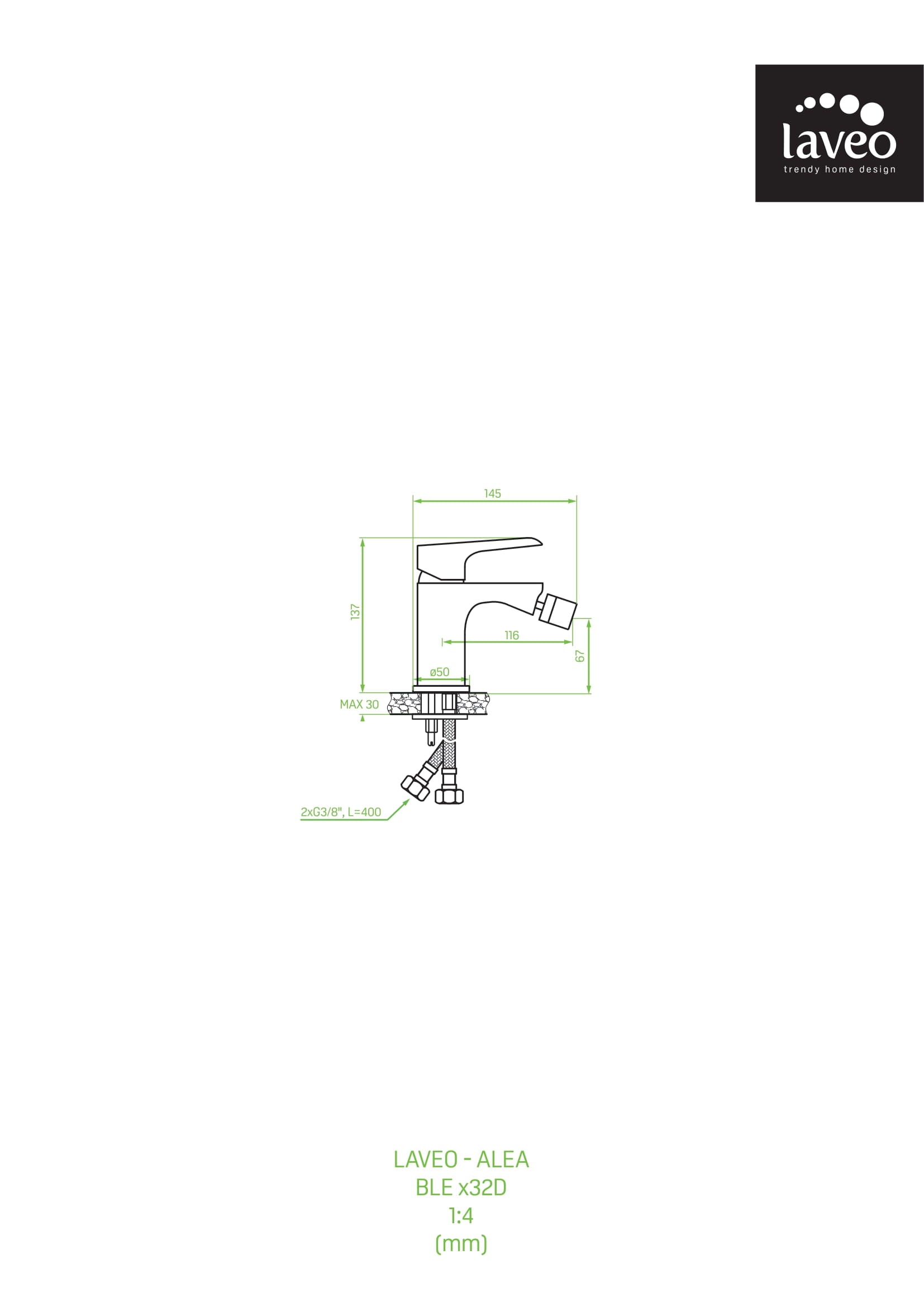 Bateria bidetowa stojąca z korkiem Laveo Alea kolor biały/chrom