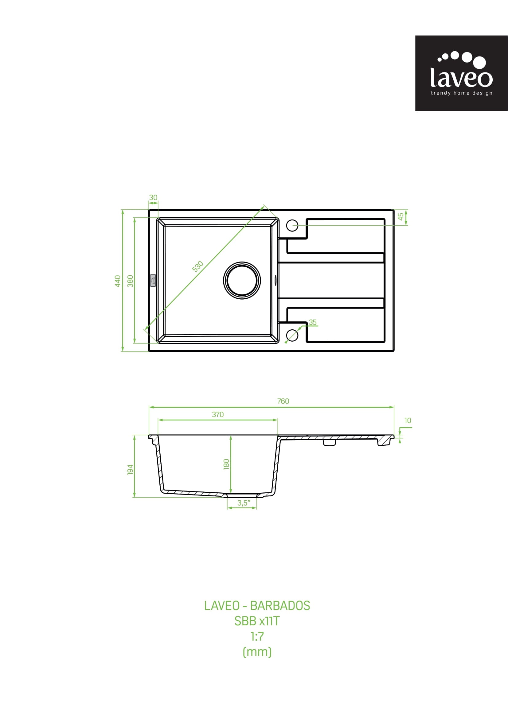Zlewozmywak granitowy jednokomorowy z ociekaczem Laveo Barbados