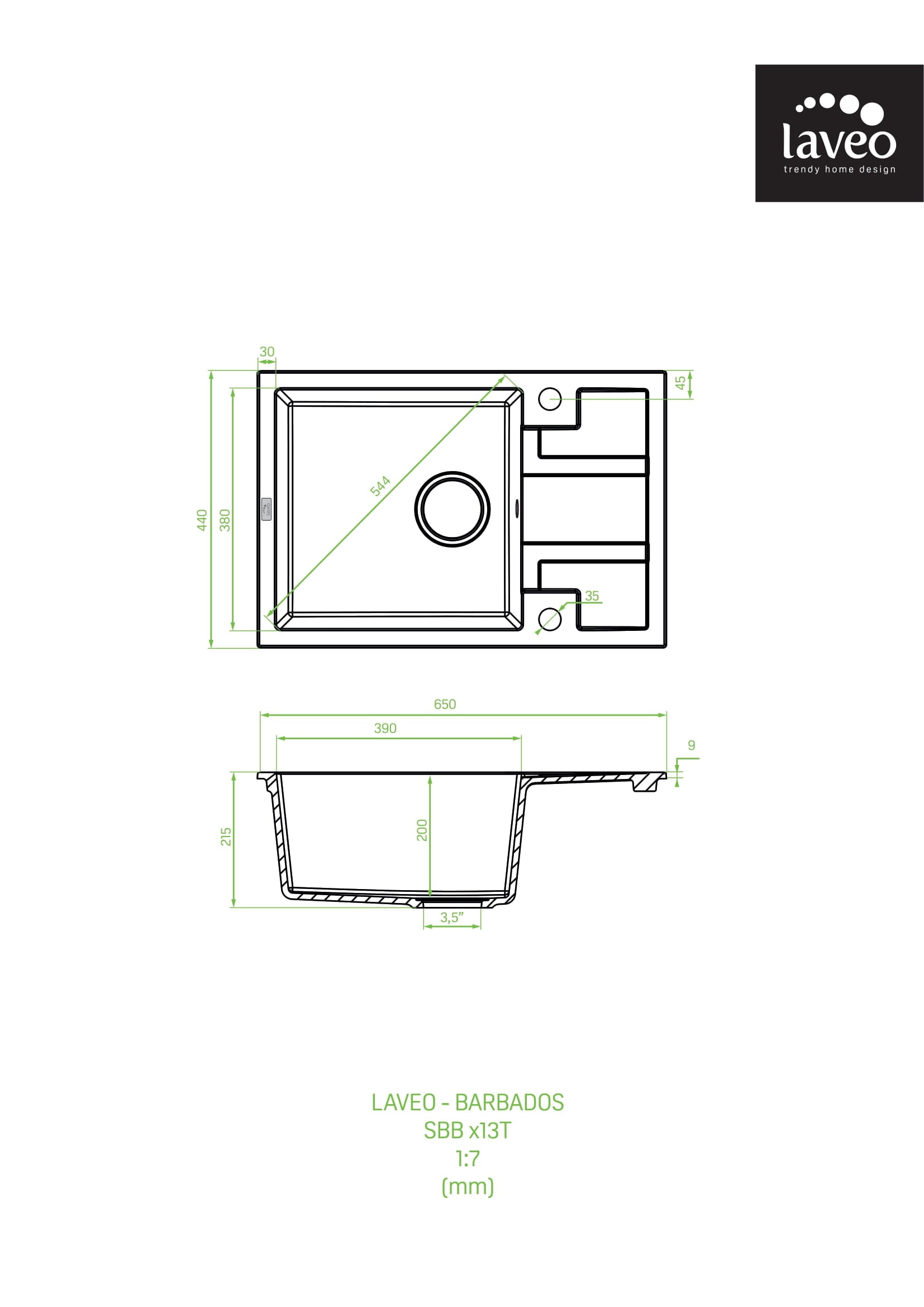 Zlewozmywak granitowy jednokomorowy z półociekaczem Laveo Barbados