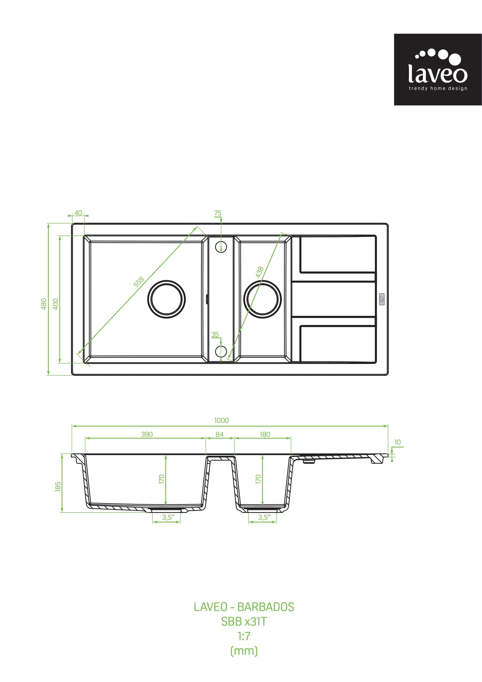 Zlewozmywak granitowy 1,5-komorowy z ociekaczem Laveo Barbados