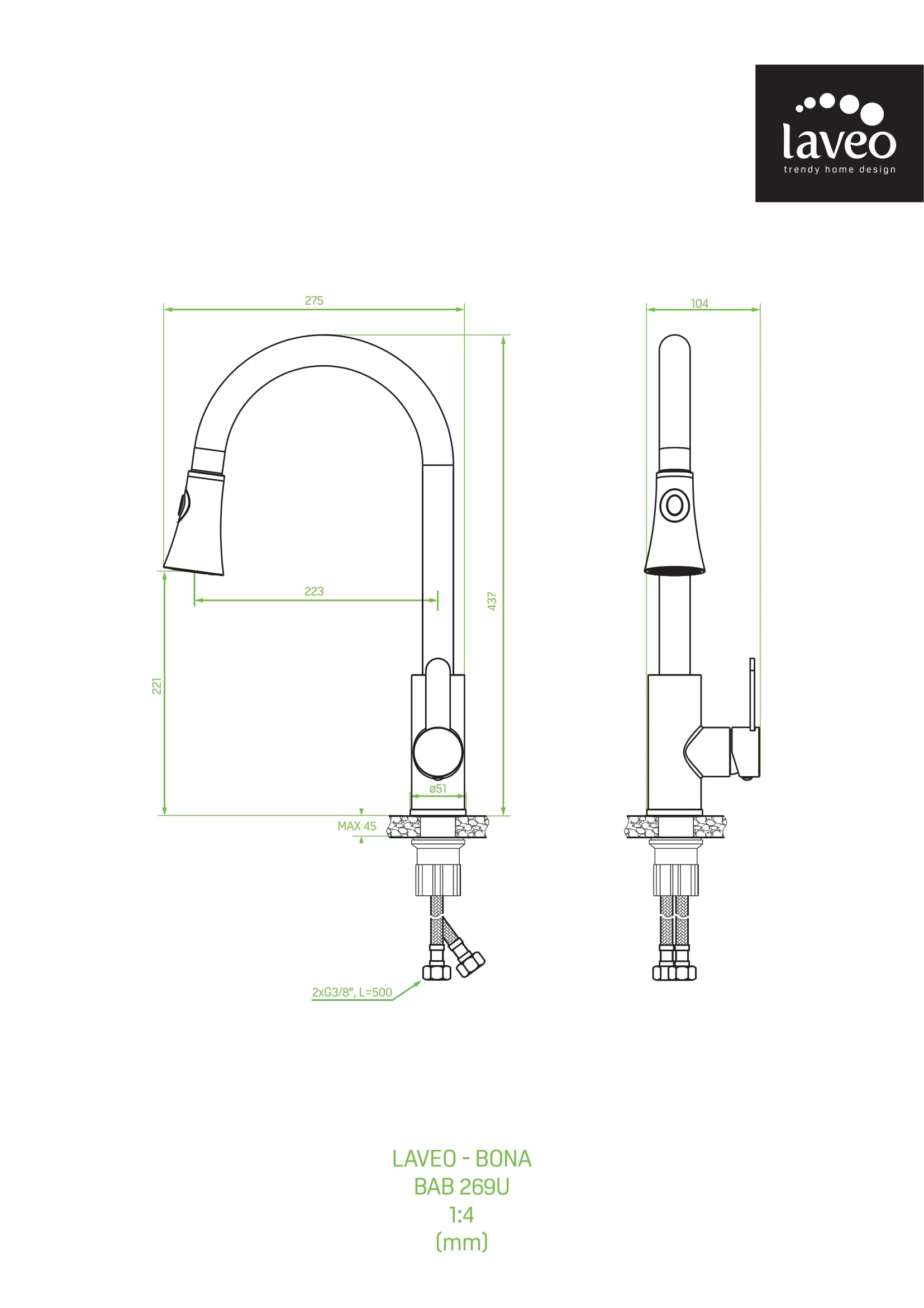 Bateria kuchenna stojąca z wyciąganą wylewką Laveo Bona stal