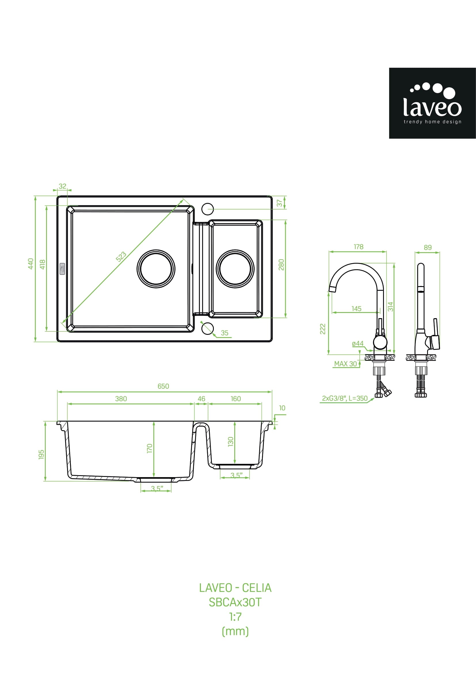 Zlewozmywak granitowy 1,5-komorowy Laveo Celia z baterią granitową z wylewką U
