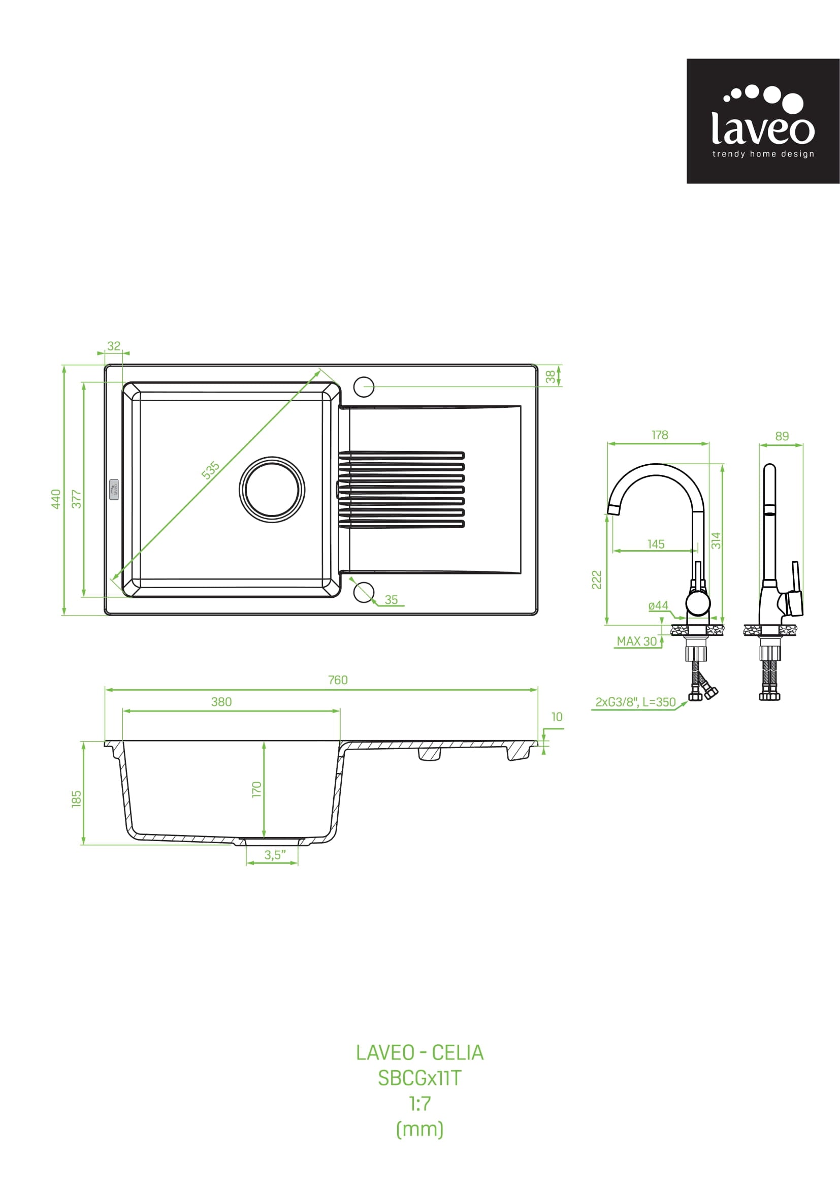 Zlewozmywak granitowy jednokomorowy z ociekaczem Laveo Celia z baterią granitową z wylewką U
