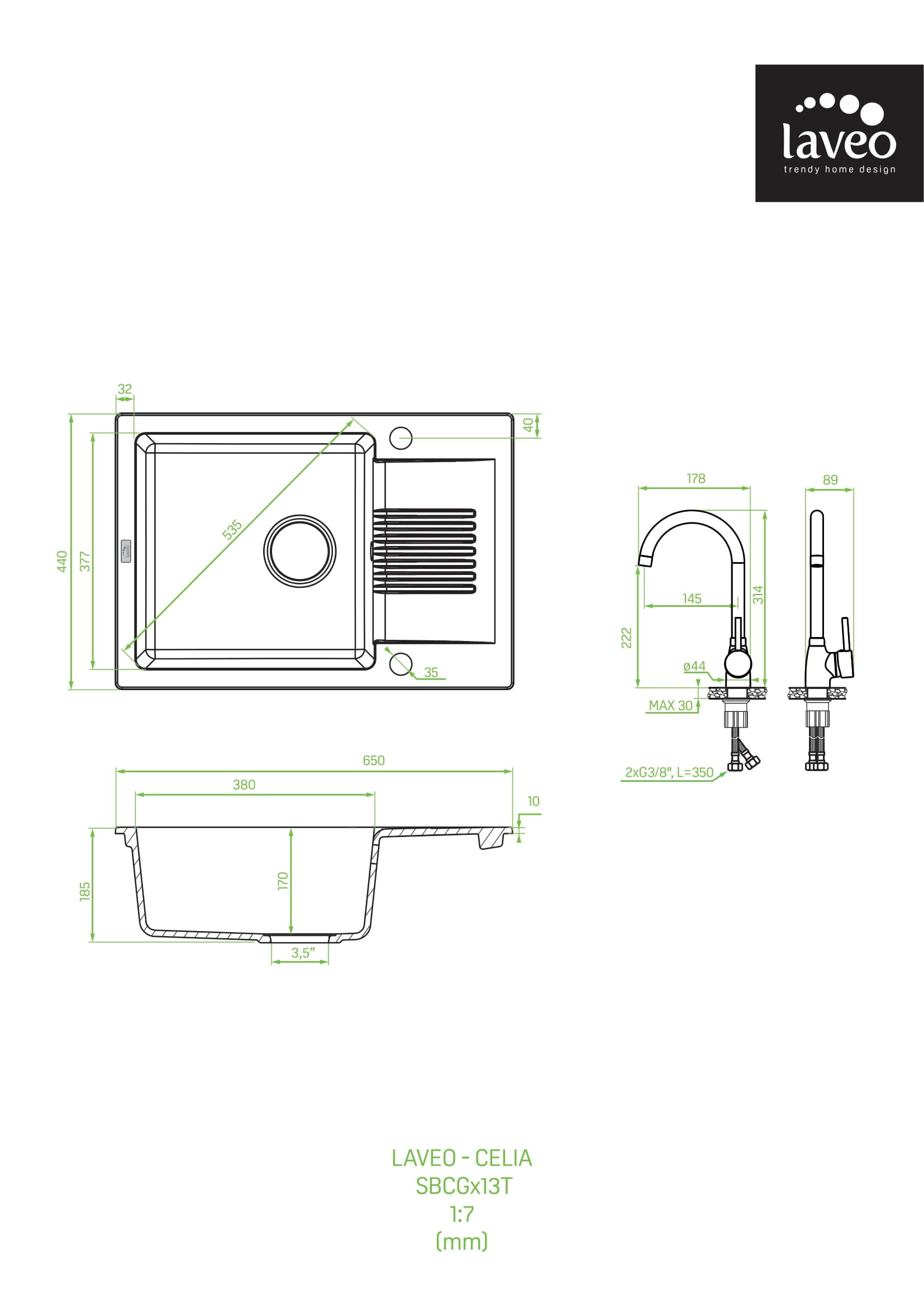 Zlewozmywak granitowy jednokomorowy z półociekaczem Laveo Celia z baterią granitową z wylewką U