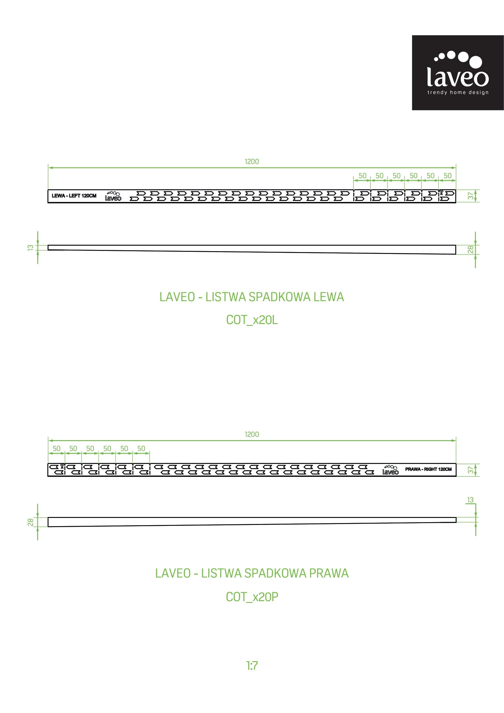 Listwa spadkowa do odpływu liniowego, lewa Laveo